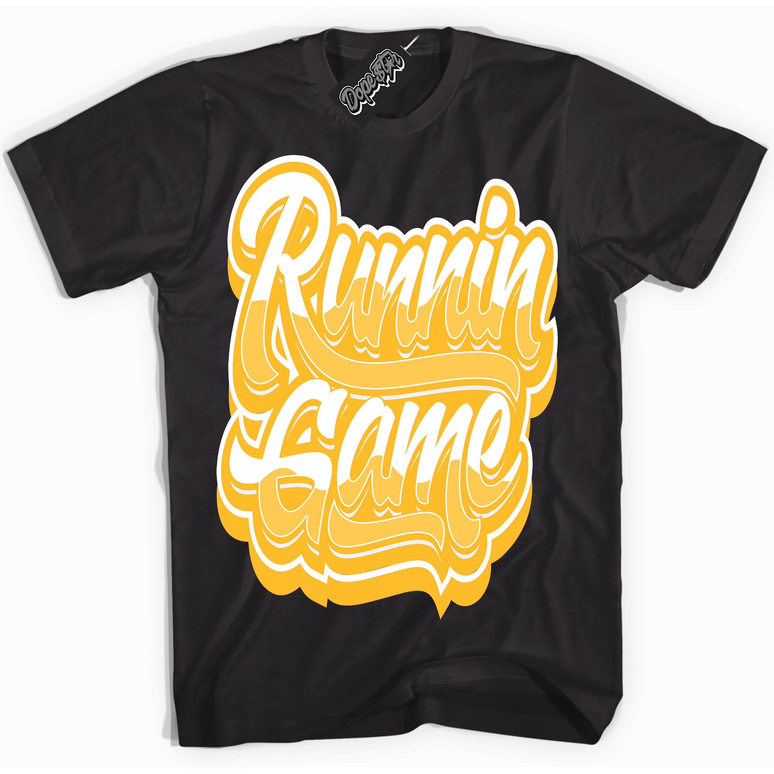 Cool Black Shirt with “ Running Game ” design that perfectly matches White University Gold Sneakers.