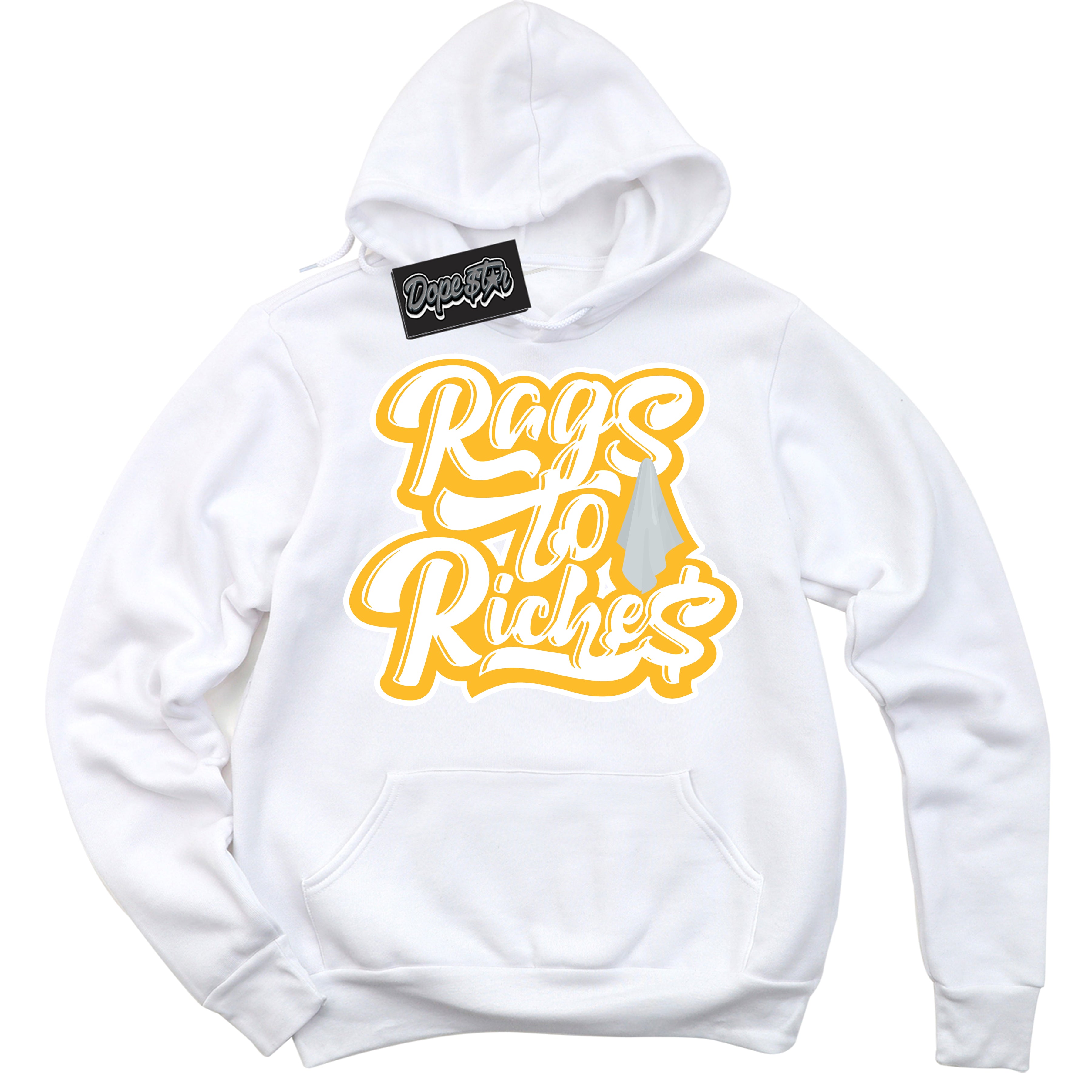 Cool White Hoodie with “ Rags To Riches '' design that Perfectly Matches  White University Gold Sneakers.