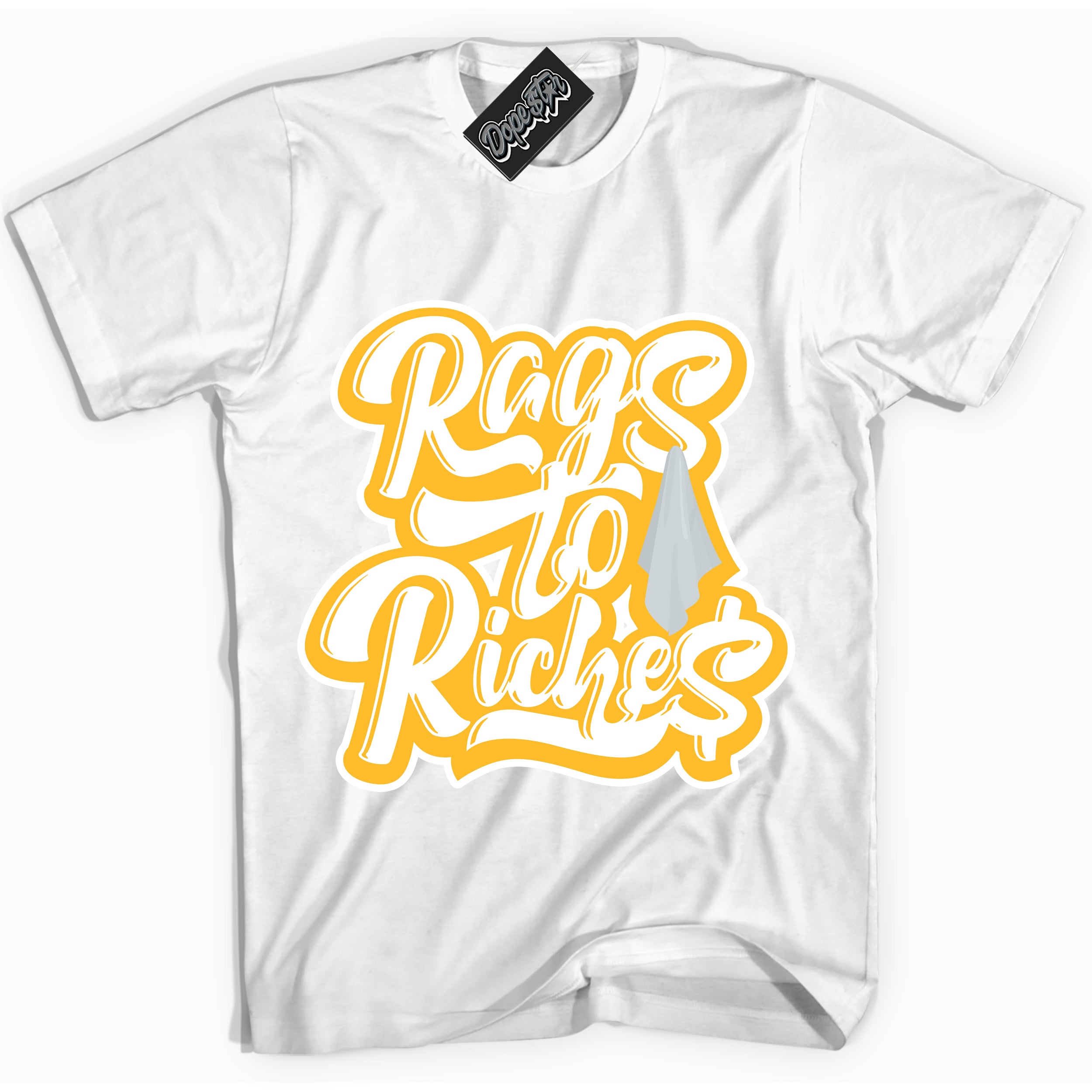 Cool White Shirt with “ Rags To Riches ” design that perfectly matches White University Gold Sneakers.