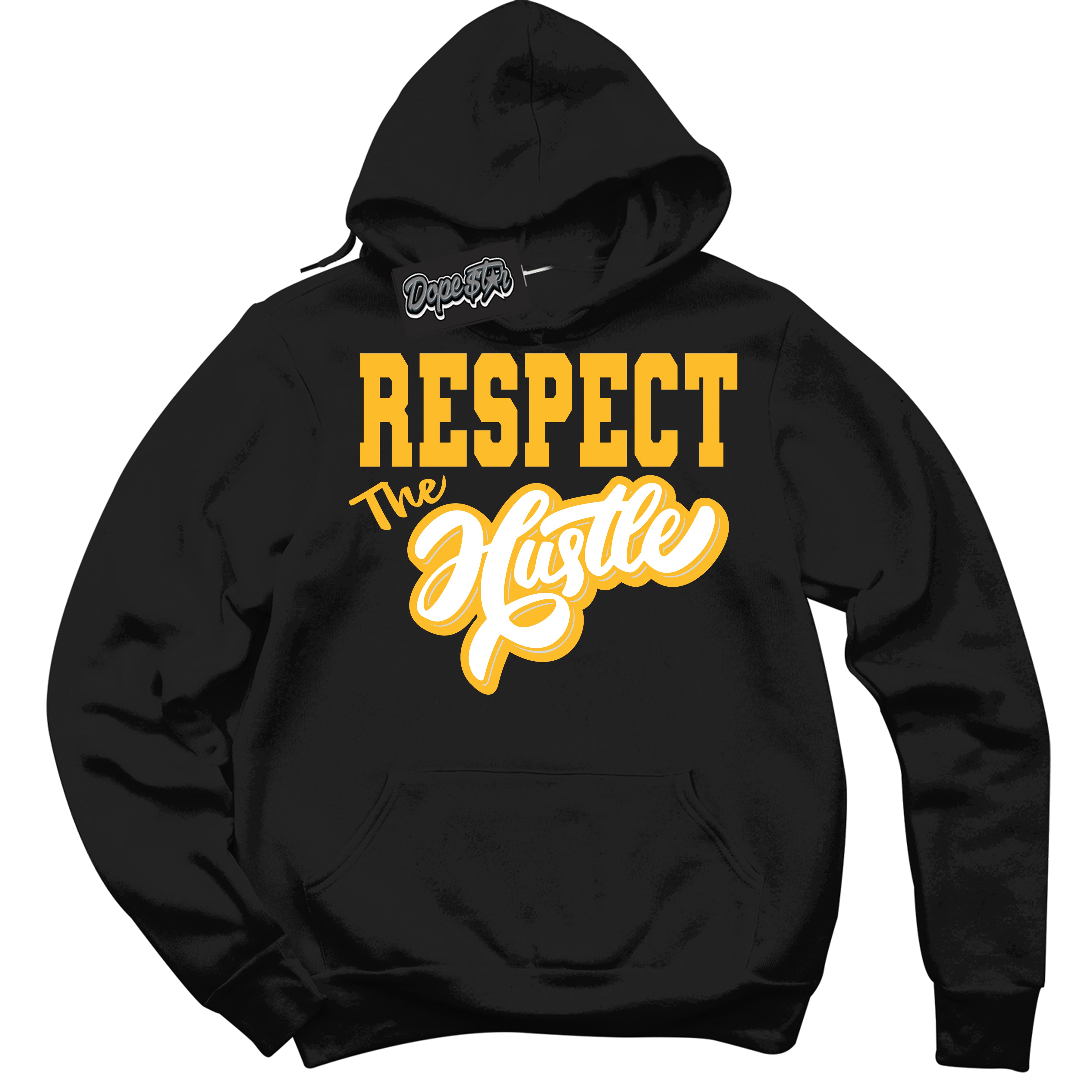 Cool Black Hoodie with “ Respect The Hustle '' design that Perfectly Matches  White University Gold Sneakers.