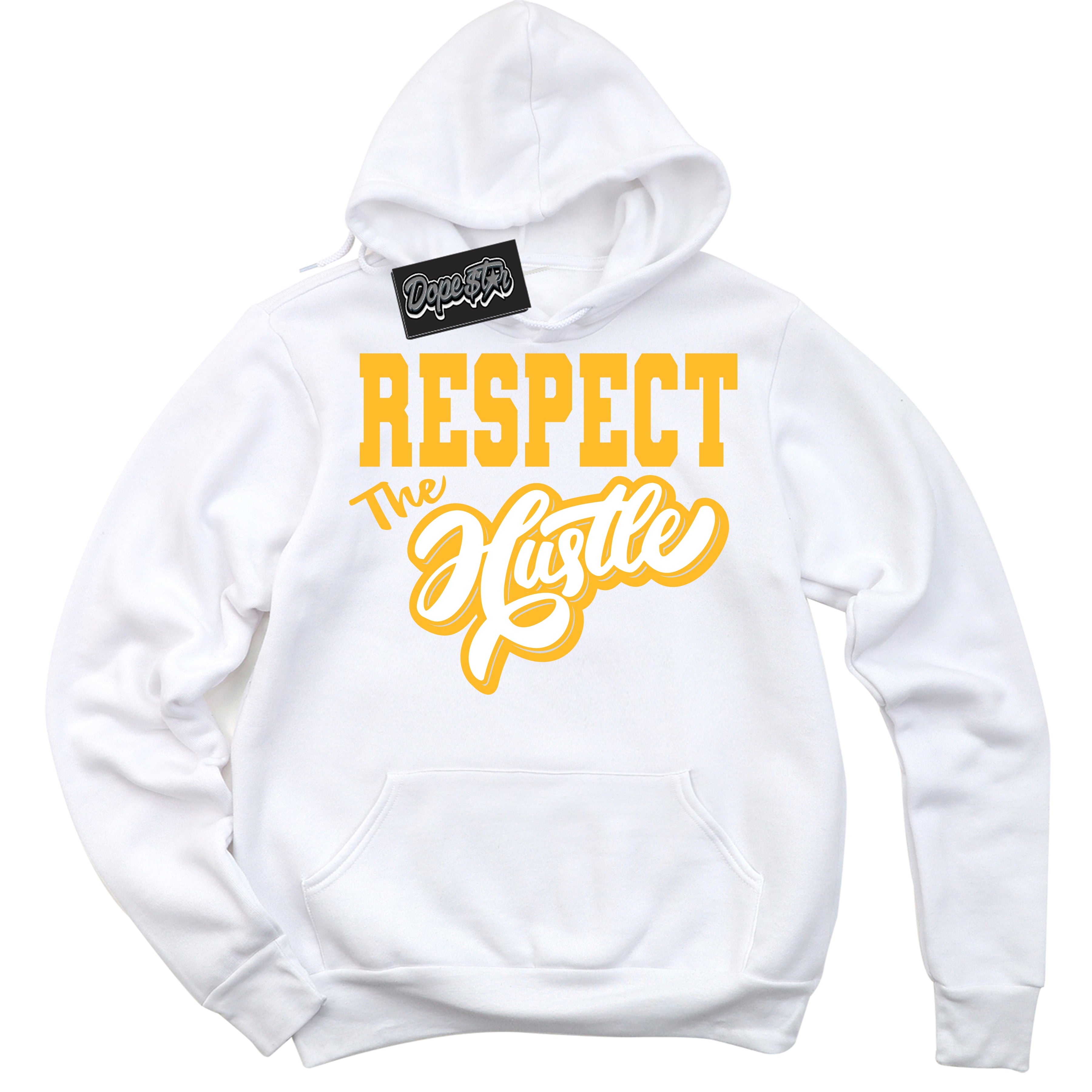 Cool White Hoodie with “ Respect The Hustle '' design that Perfectly Matches  White University Gold Sneakers.