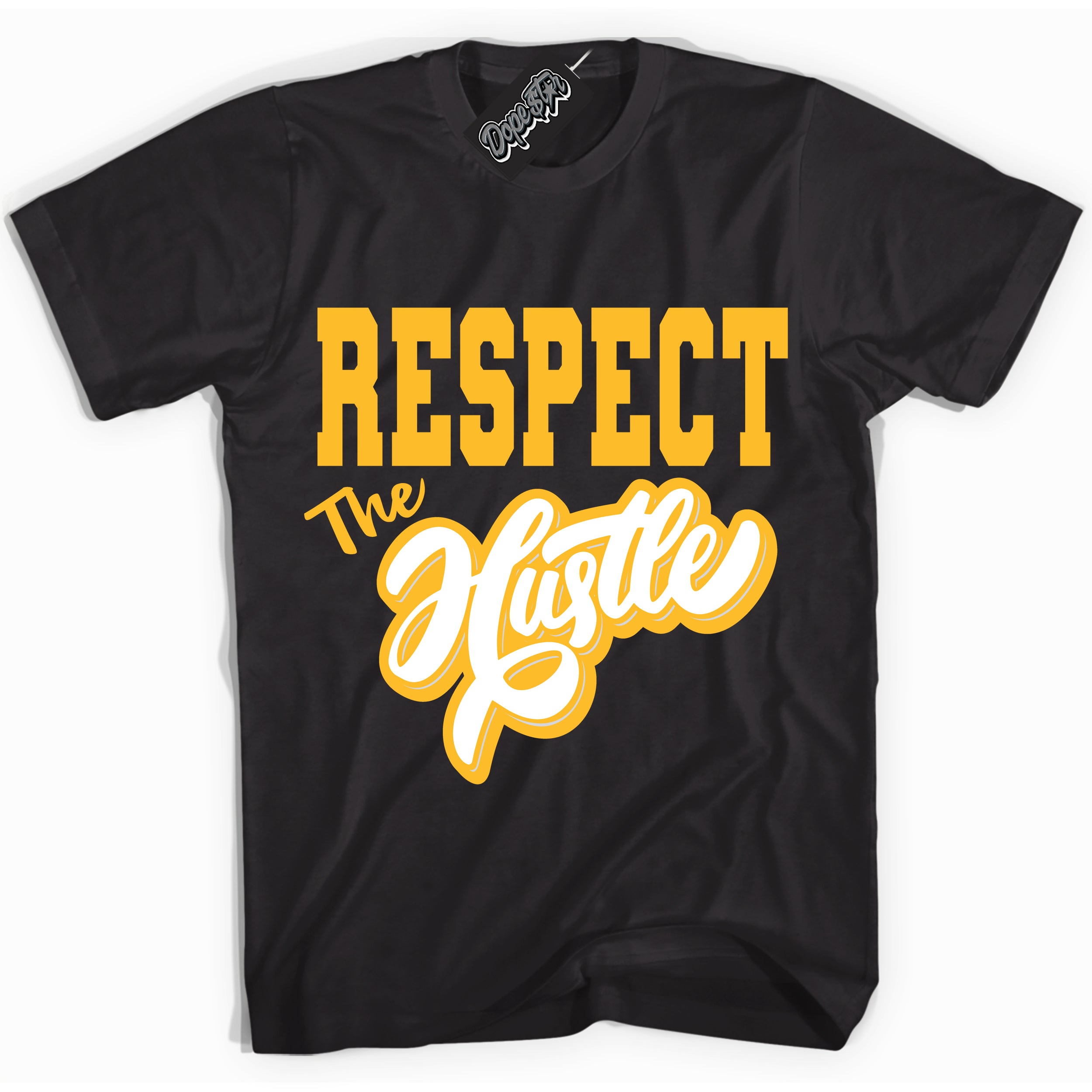 Cool Black Shirt with “ Respect The Hustle ” design that perfectly matches White University Gold Sneakers.