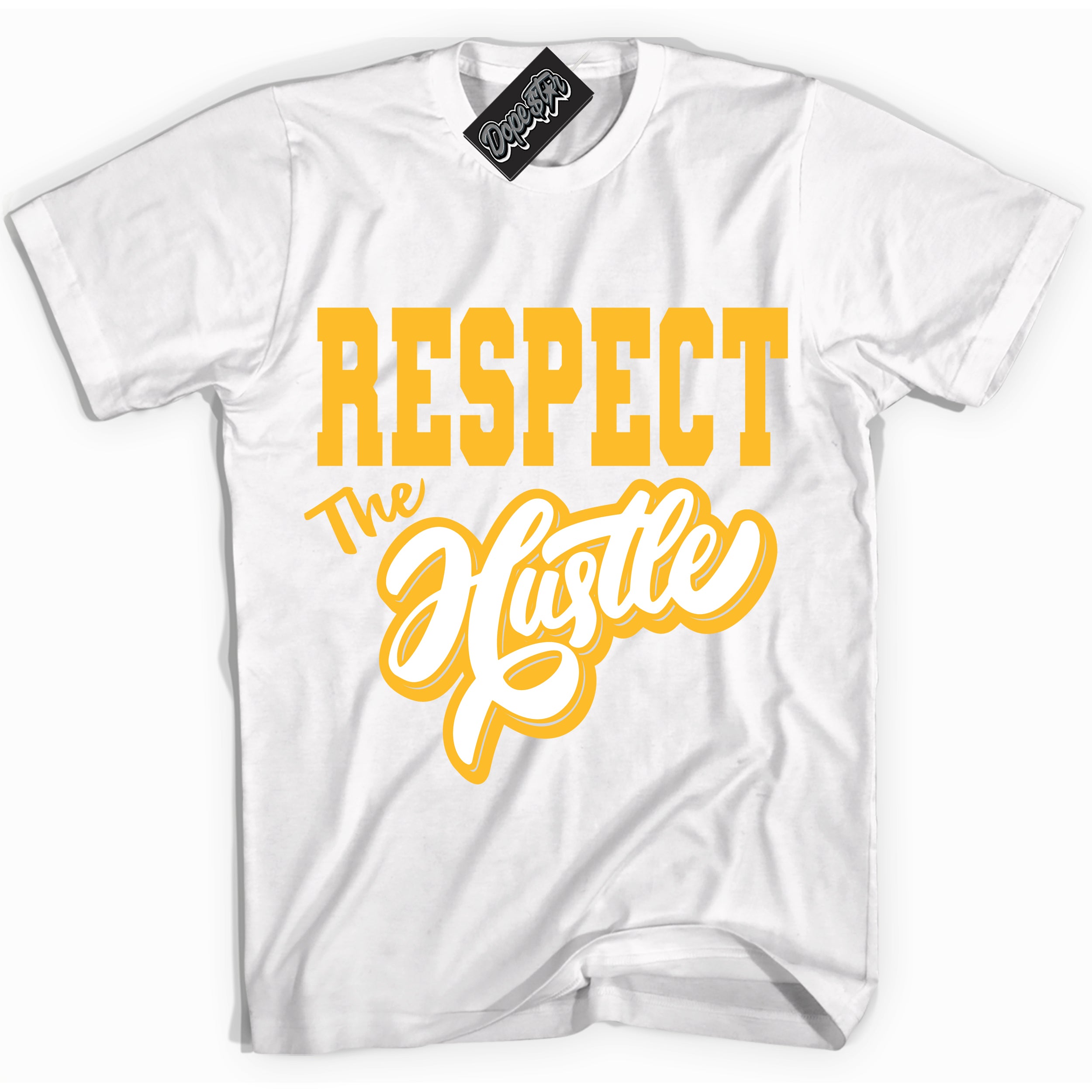 Cool White Shirt with “ Respect The Hustle ” design that perfectly matches White University Gold Sneakers.