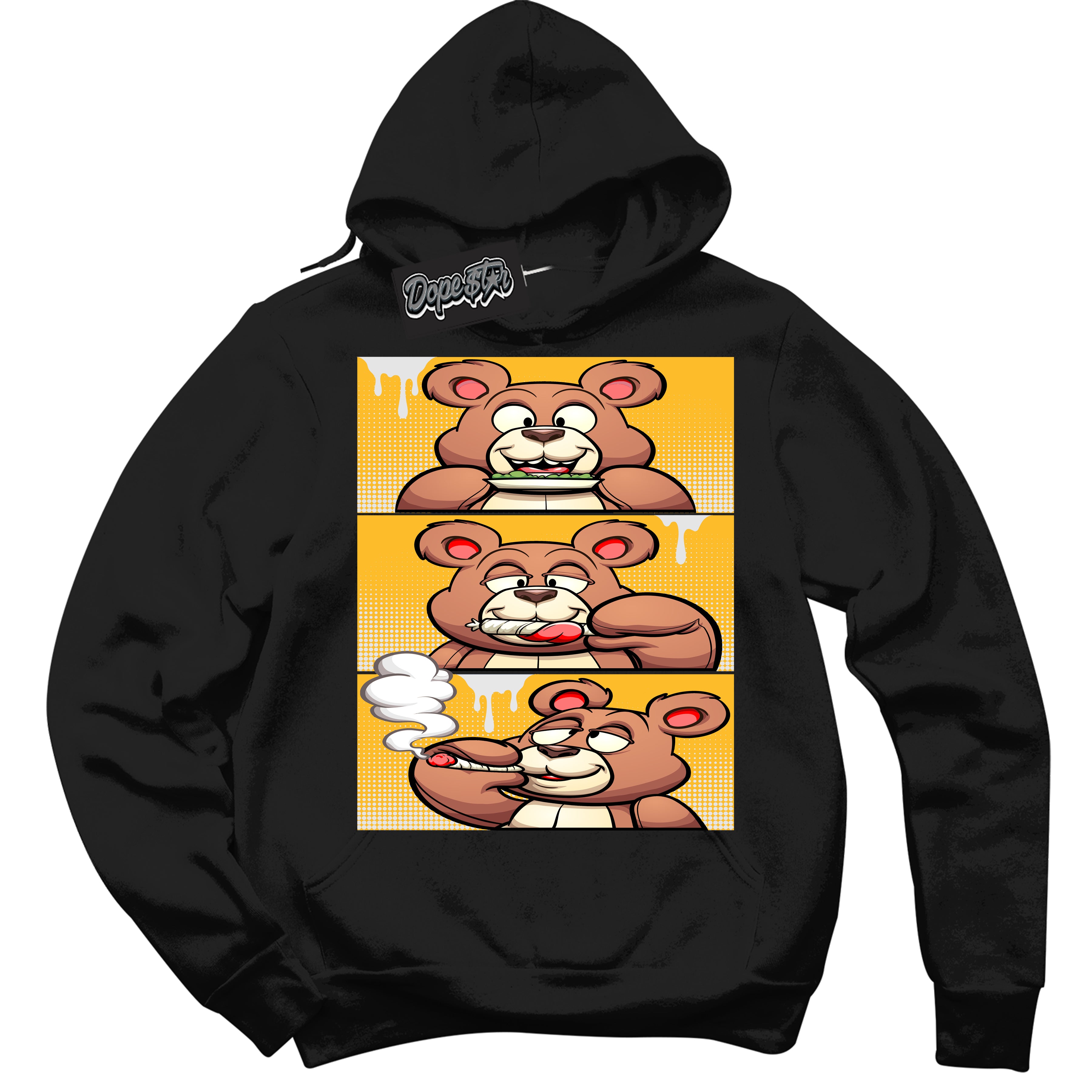 Cool Black Hoodie with “ Roll It Lick It Smoke It Bear '' design that Perfectly Matches  White University Gold Sneakers.