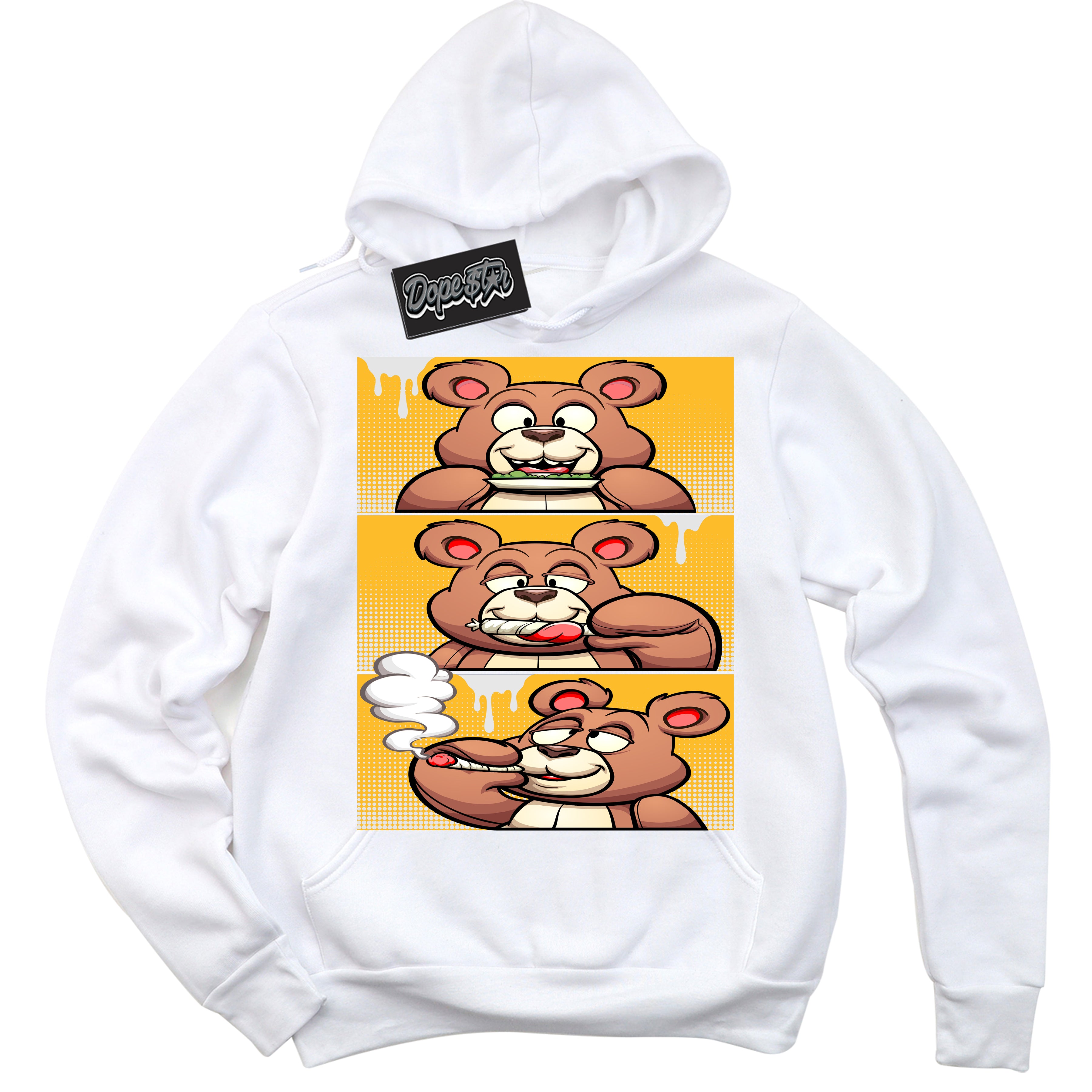 Cool White Hoodie with “ Roll It Lick It Smoke It Bear '' design that Perfectly Matches  White University Gold Sneakers.