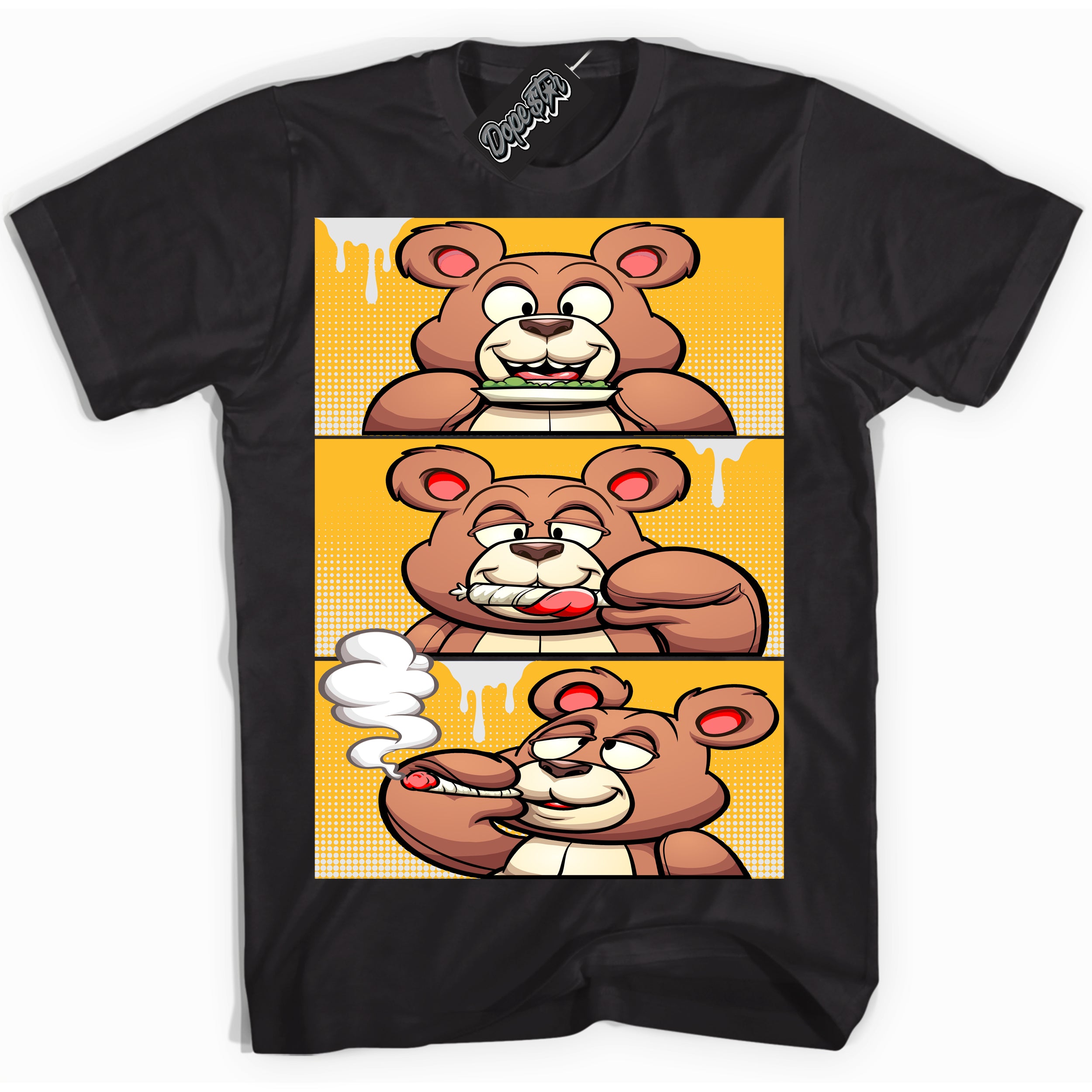 Cool Black Shirt with “ Roll It Lick It Smoke It Bear ” design that perfectly matches White University Gold Sneakers.