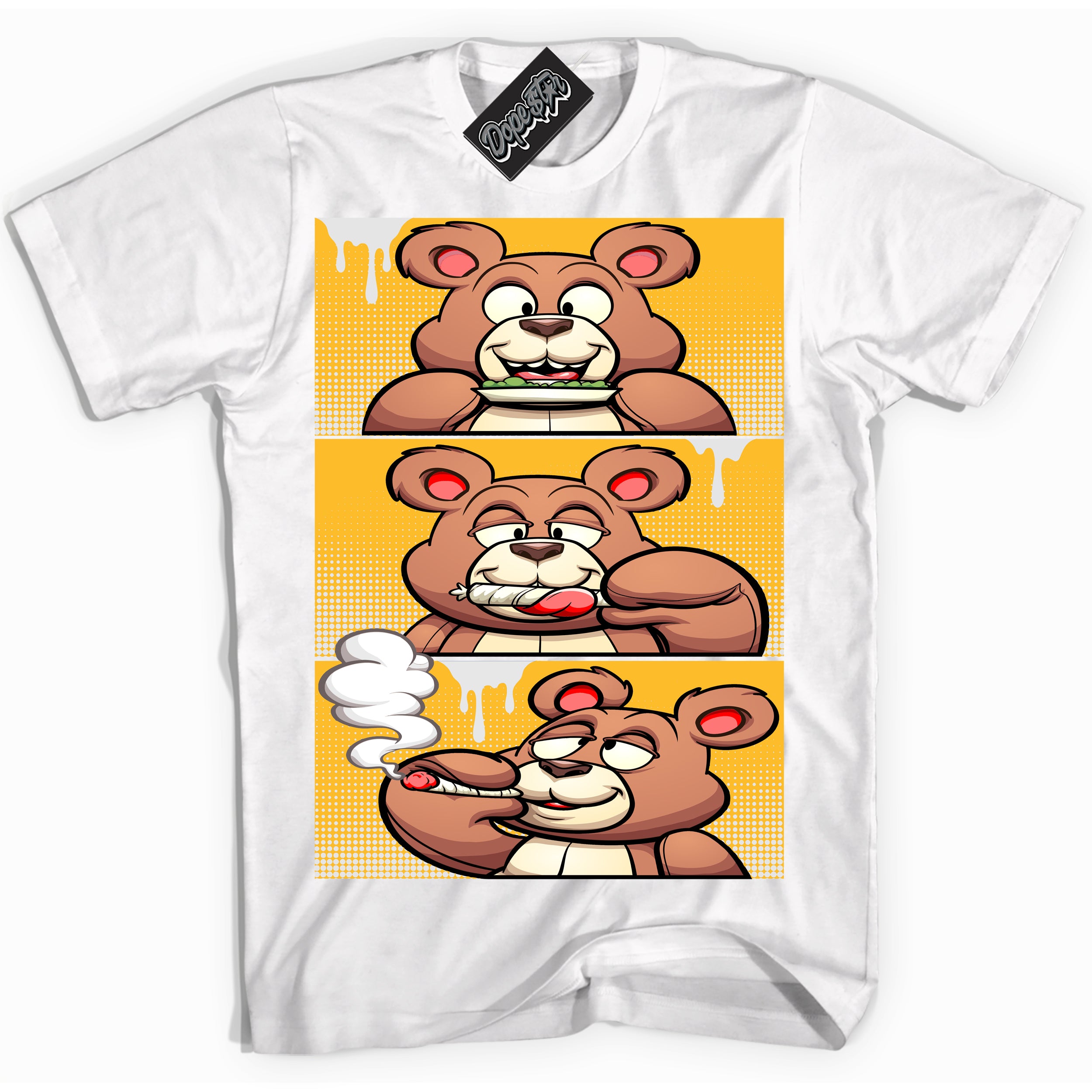 Cool White Shirt with “ Roll It Lick It Smoke It Bear ” design that perfectly matches White University Gold Sneakers.