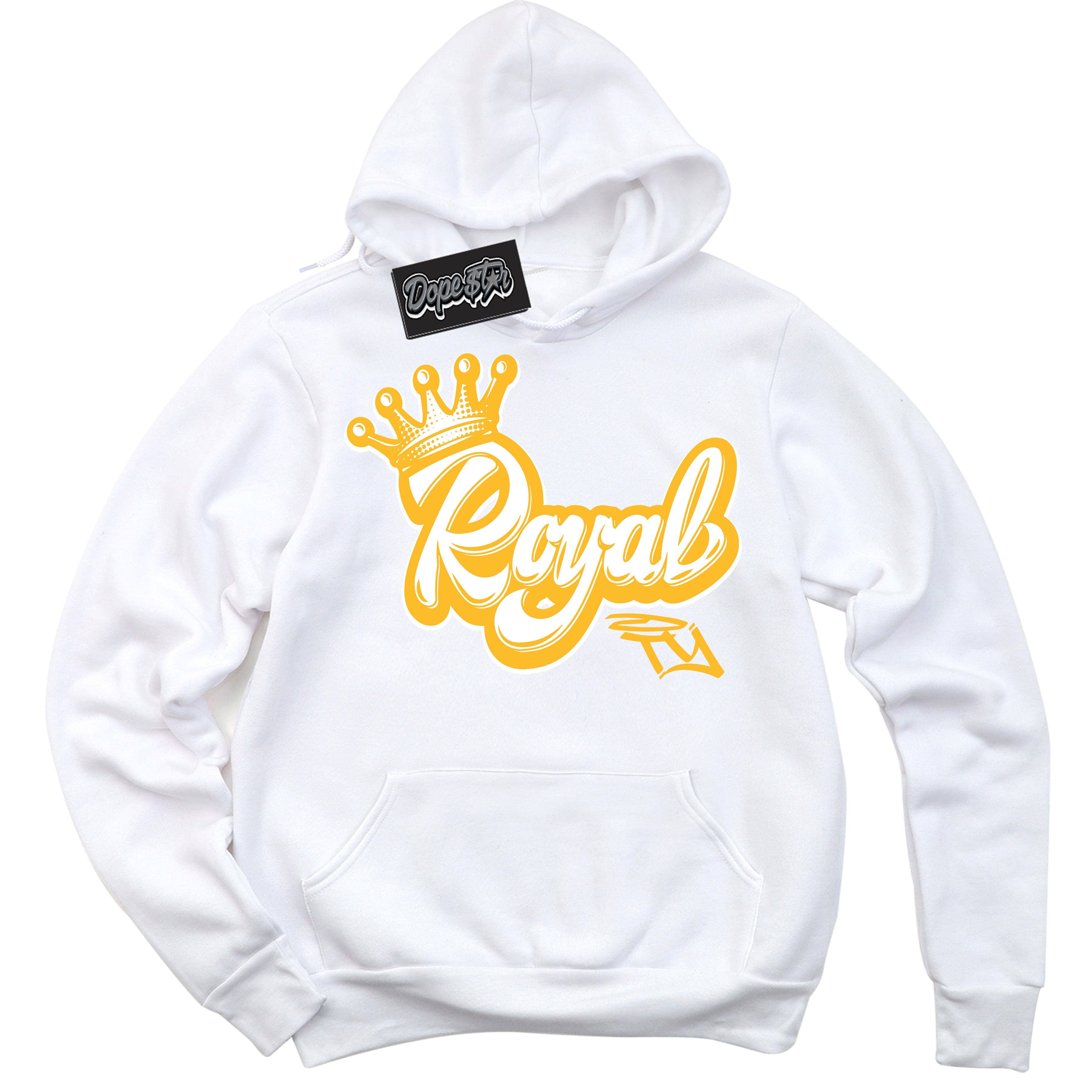 Cool White Hoodie with “ Royalty '' design that Perfectly Matches  White University Gold Sneakers.