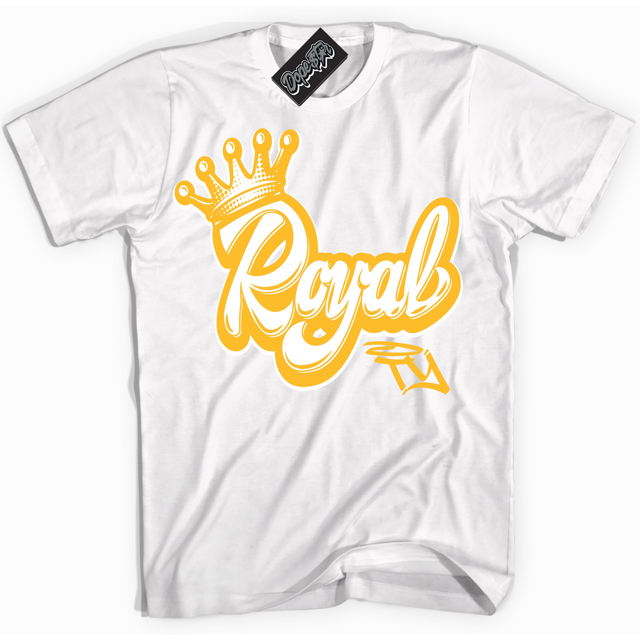 Cool White Shirt with “ Royalty ” design that perfectly matches White University Gold Sneakers.