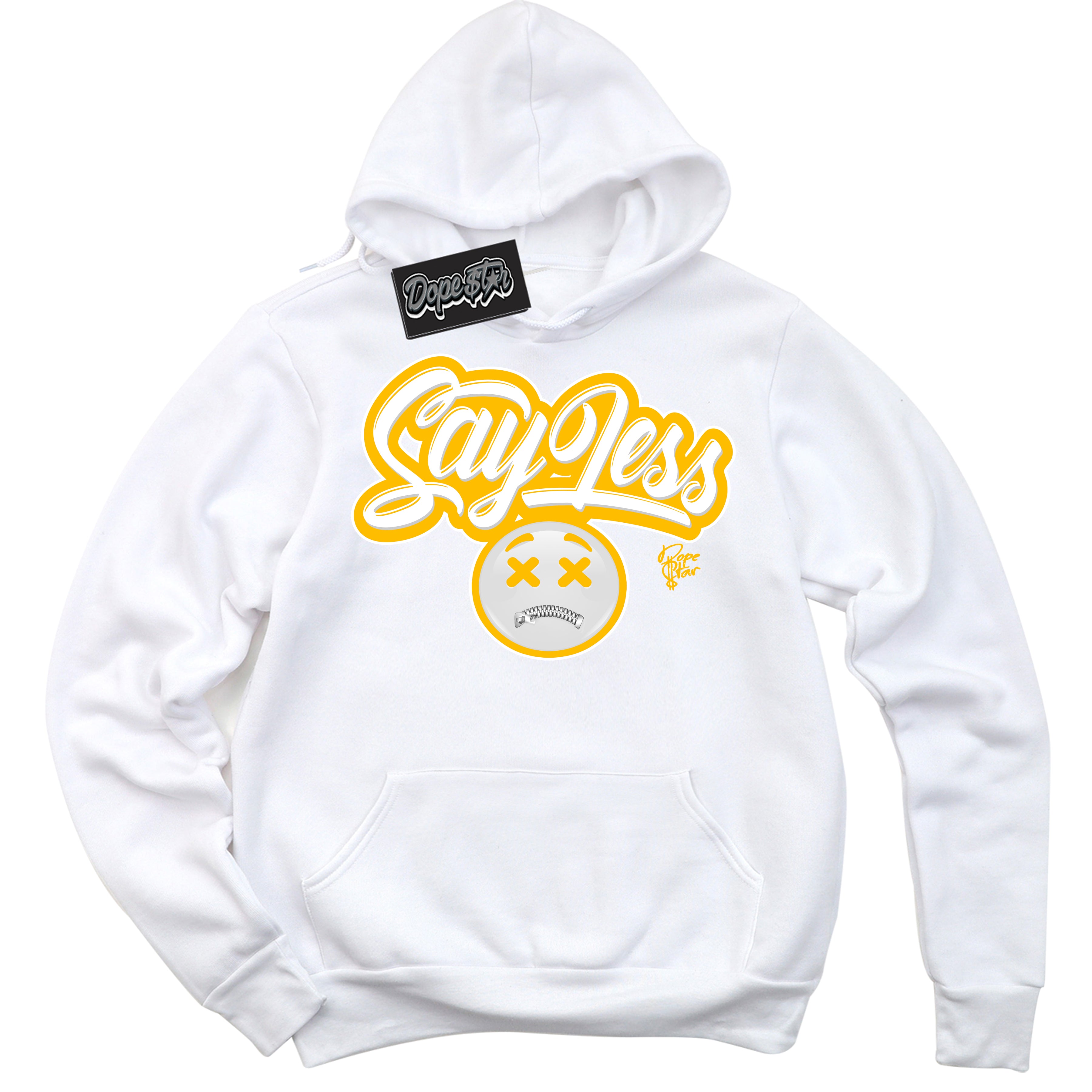 Cool White Hoodie with “ Say Less '' design that Perfectly Matches  White University Gold Sneakers.