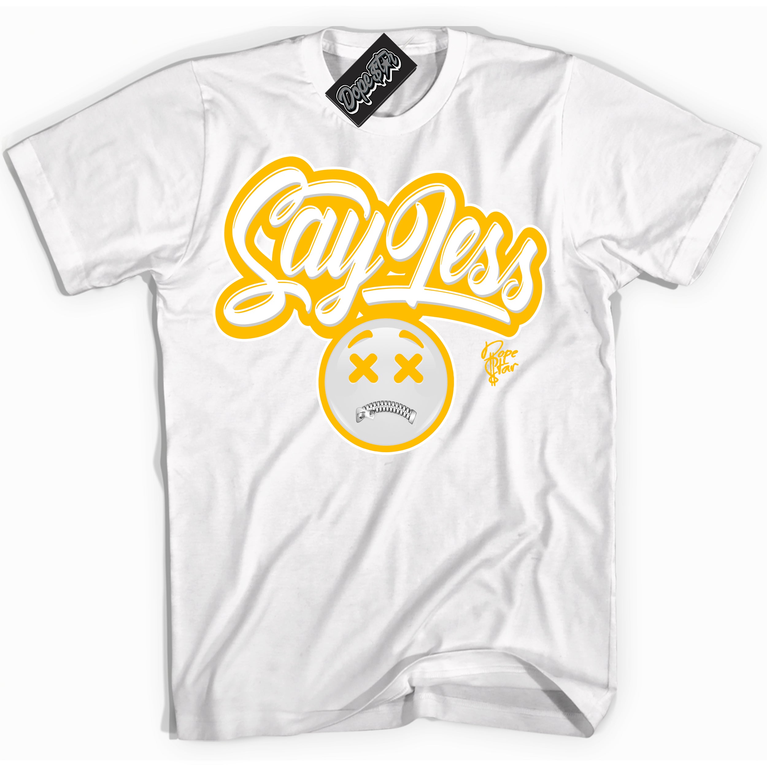 Cool White Shirt with “ Say Less ” design that perfectly matches White University Gold Sneakers.