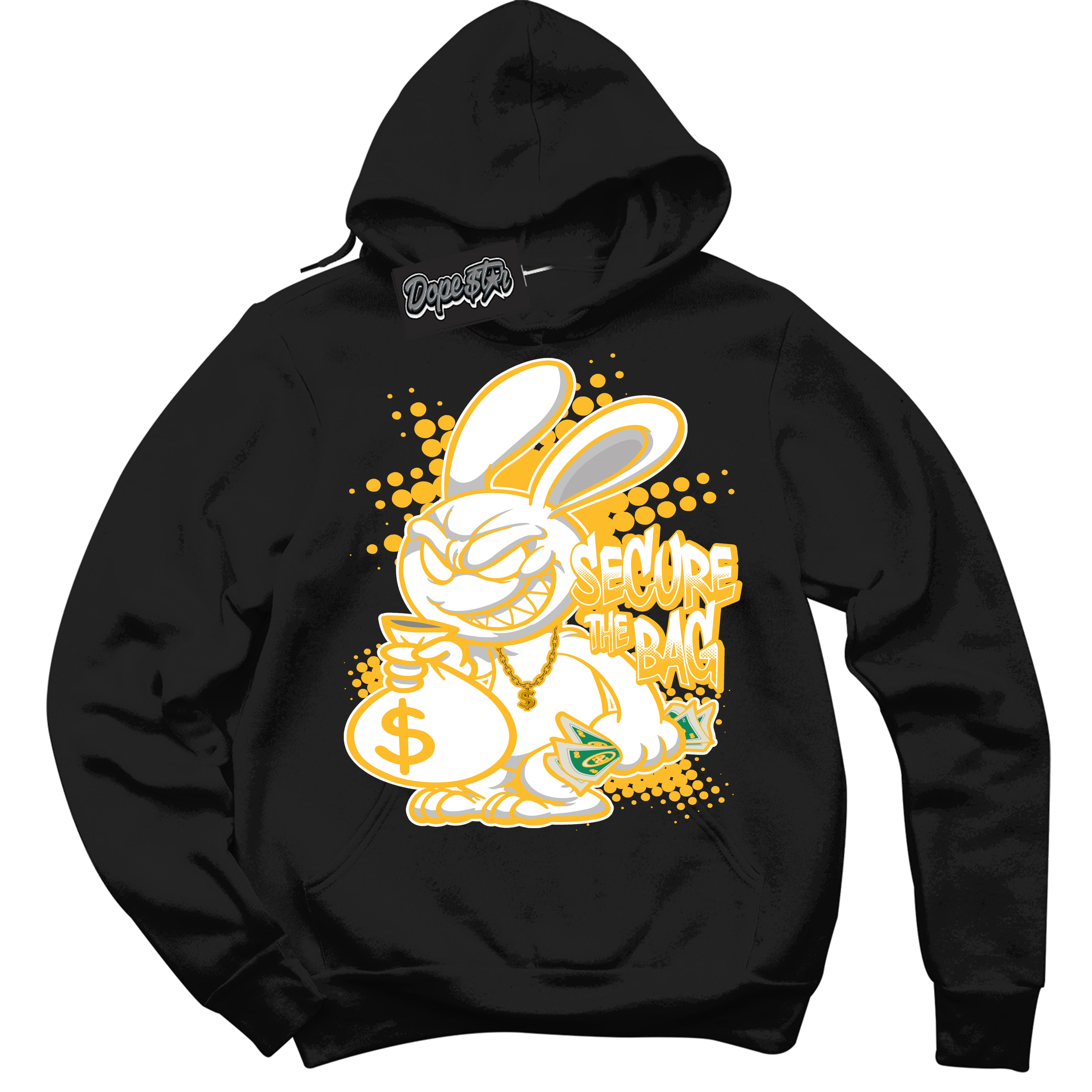 Cool Black Hoodie with “ Secure The Bag '' design that Perfectly Matches  White University Gold Sneakers.