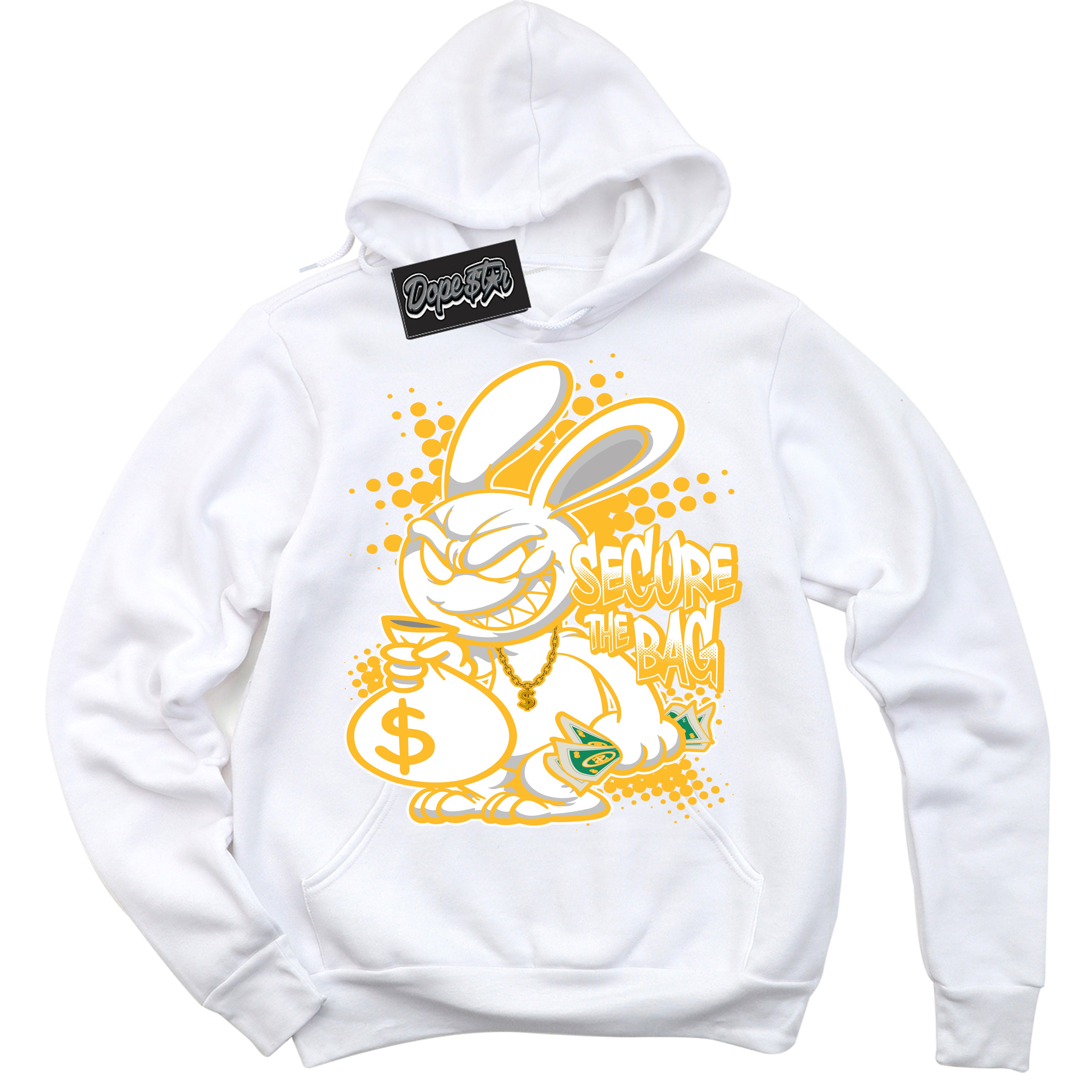 Cool White Hoodie with “ Secure The Bag '' design that Perfectly Matches  White University Gold Sneakers.