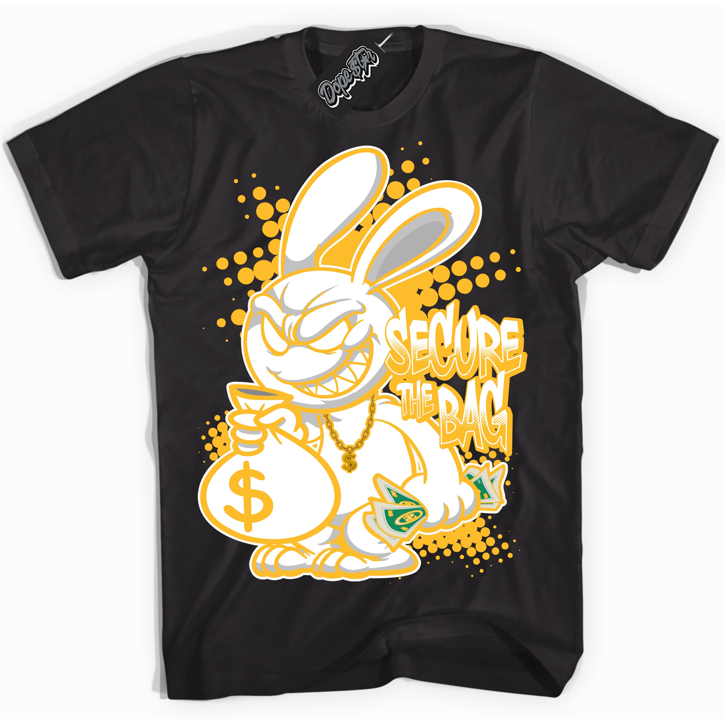 Cool Black Shirt with “ Secure The Bag ” design that perfectly matches White University Gold Sneakers.