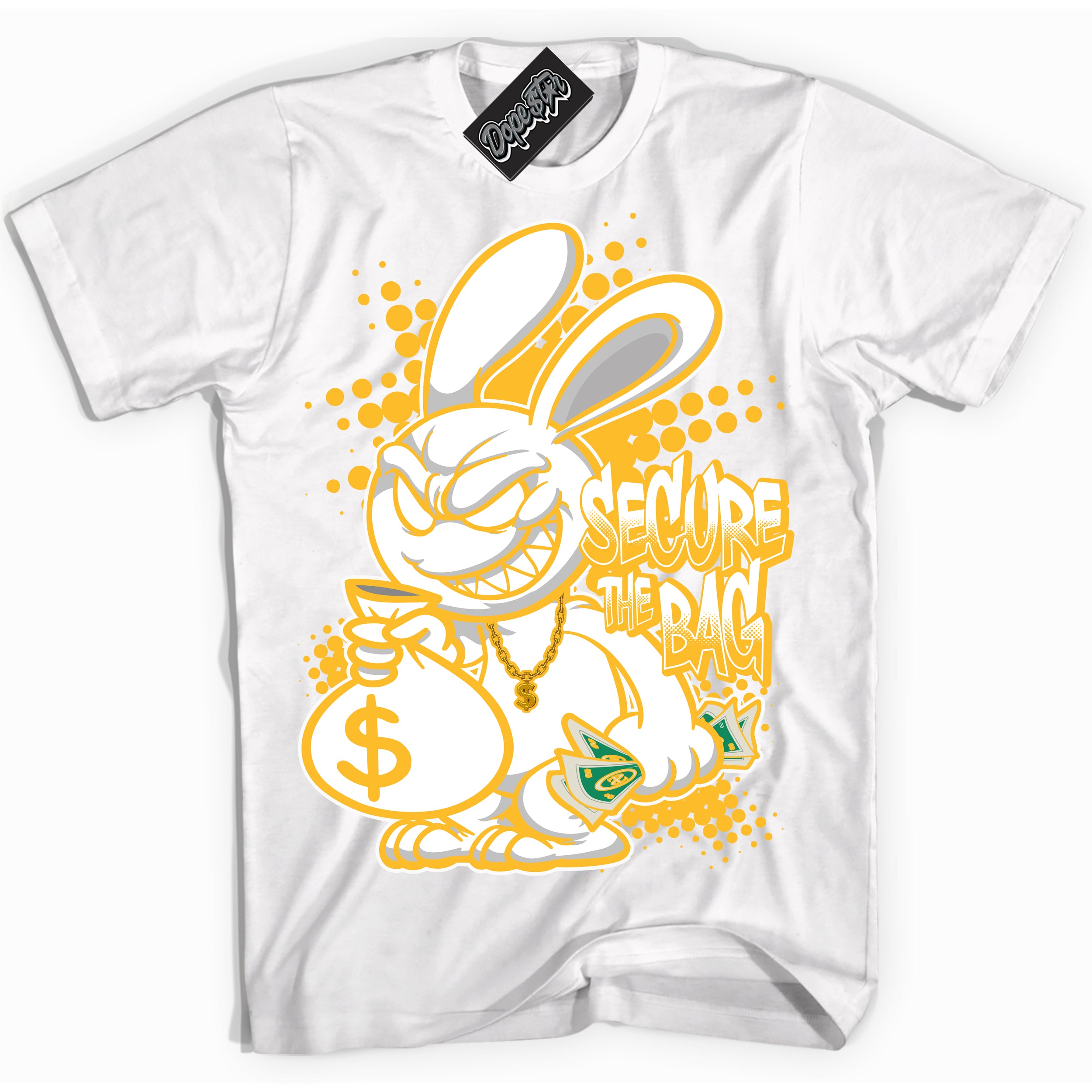 Cool White Shirt with “ Secure The Bag ” design that perfectly matches White University Gold Sneakers.