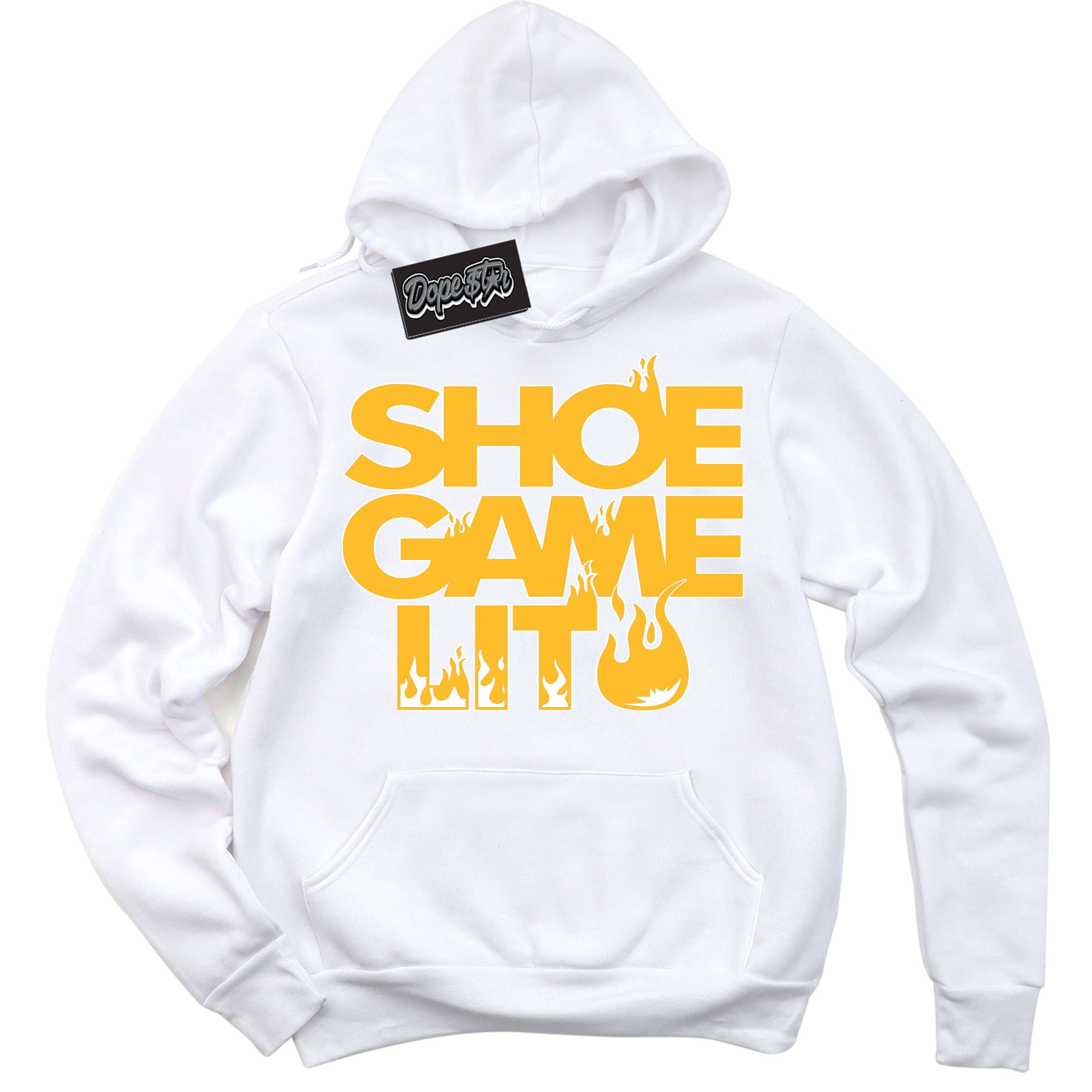 Cool White Hoodie with “ Shoe Game Lit '' design that Perfectly Matches  White University Gold Sneakers.