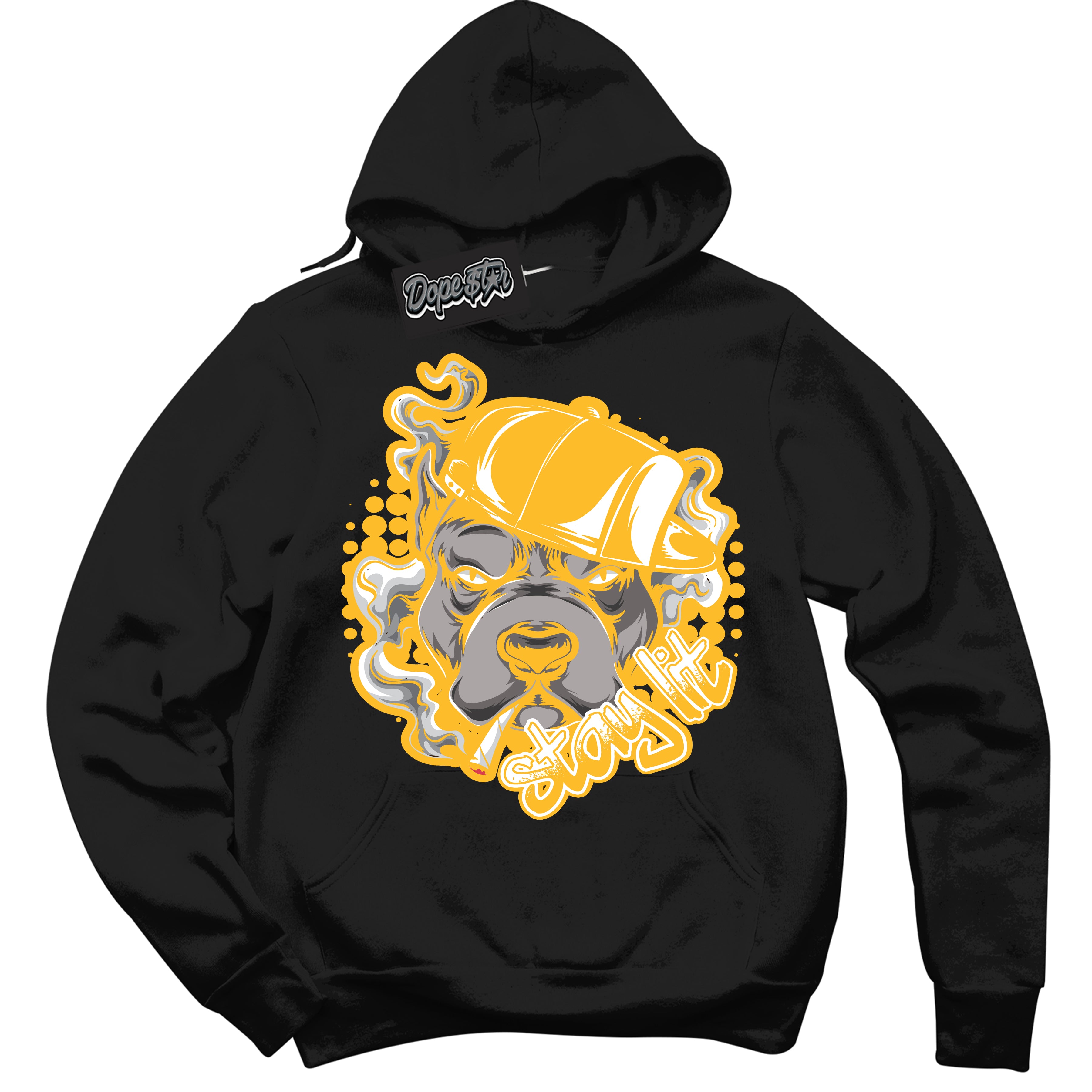 Cool Black Hoodie with “ Stay Lit '' design that Perfectly Matches  White University Gold Sneakers.