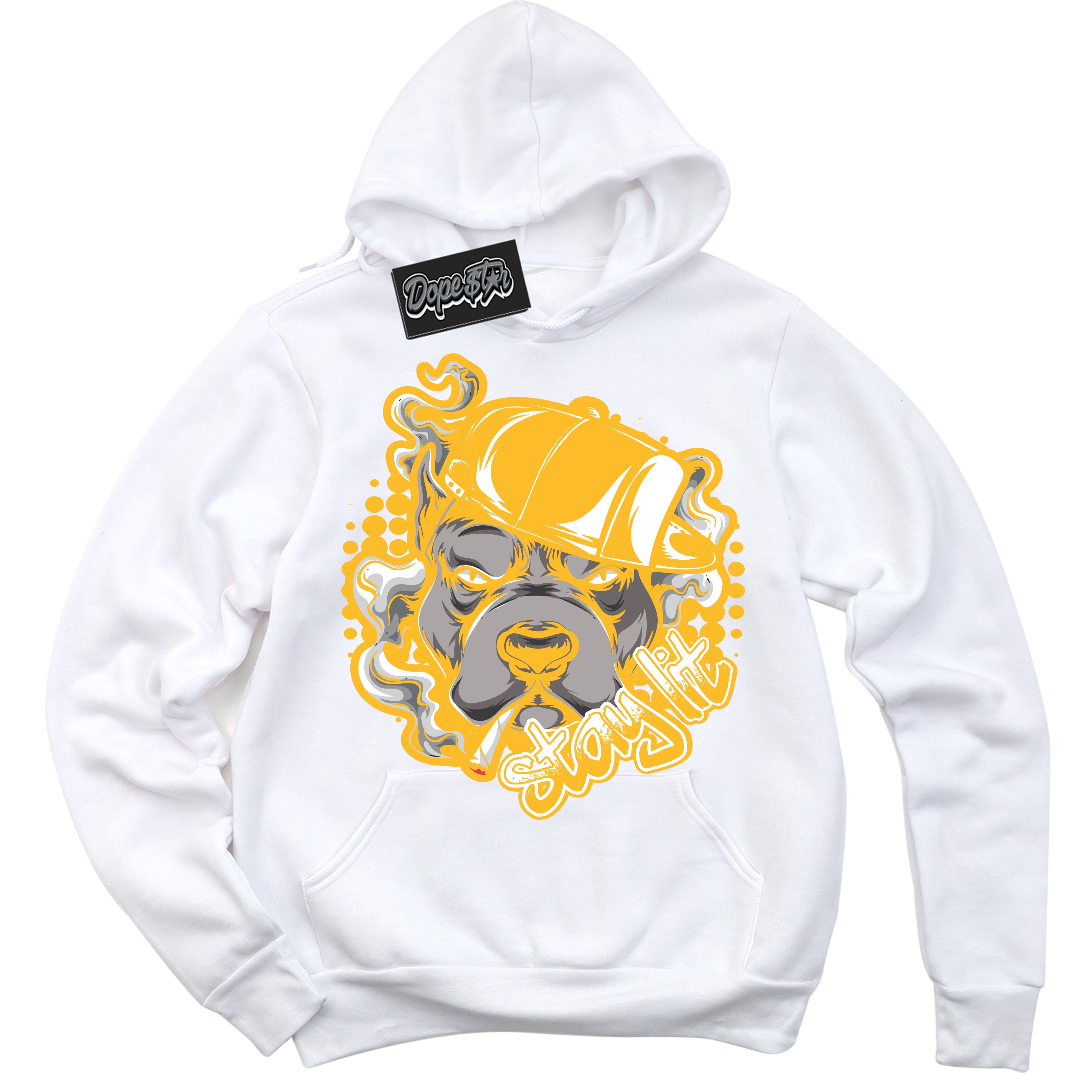 Cool White Hoodie with “ Stay Lit '' design that Perfectly Matches  White University Gold Sneakers.