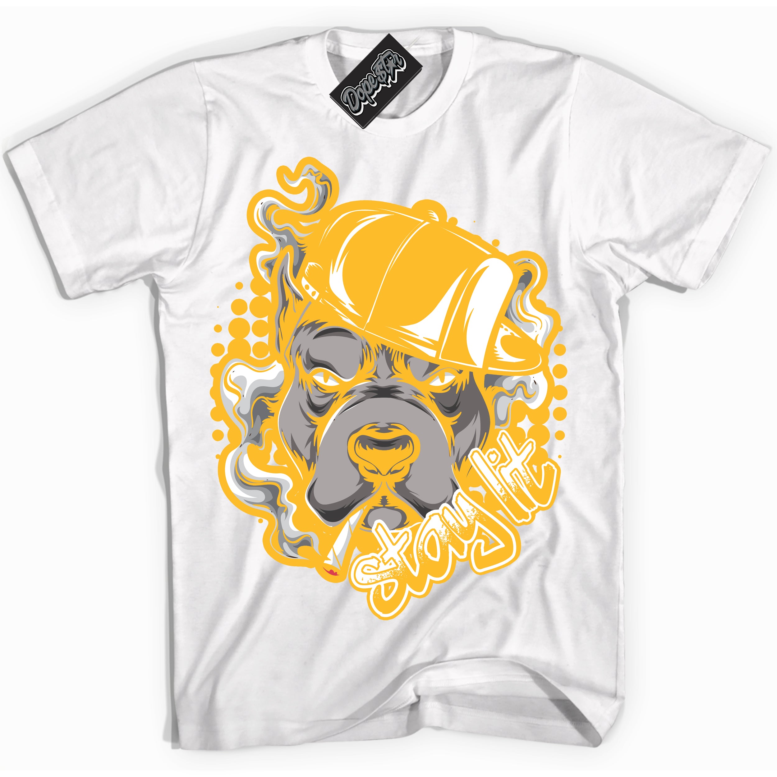 Cool White Shirt with “ Stay Lit ” design that perfectly matches White University Gold Sneakers.