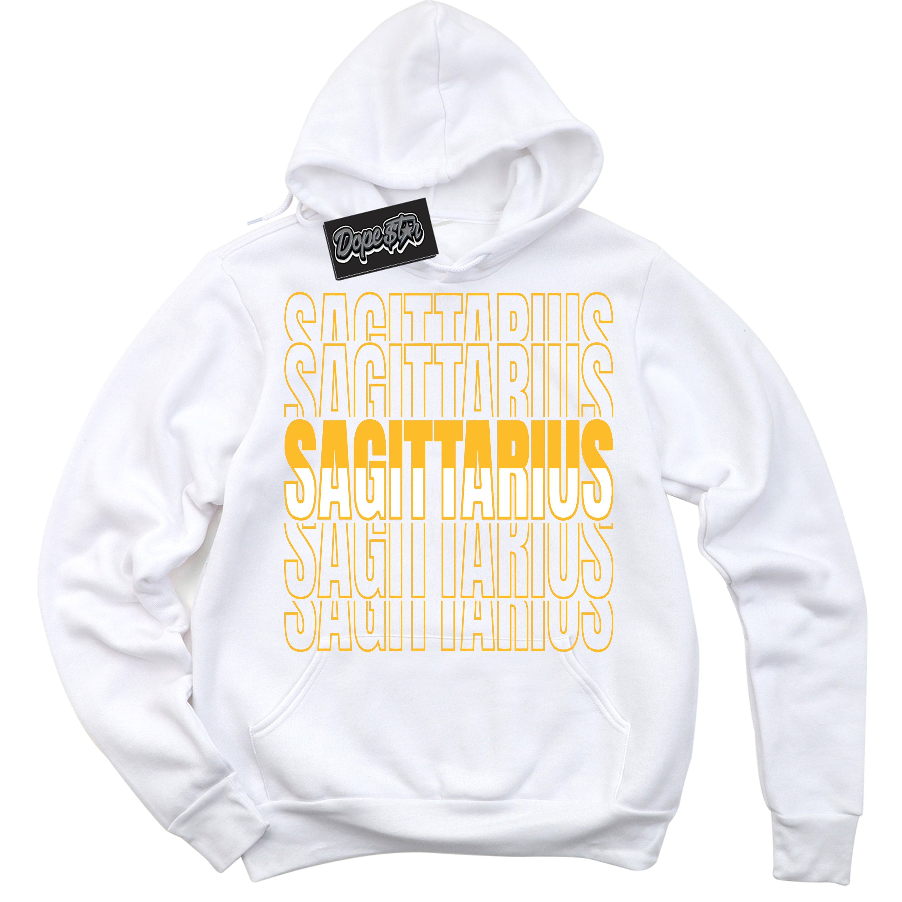 Cool White Hoodie with “ Sagittarius '' design that Perfectly Matches  White University Gold Sneakers.