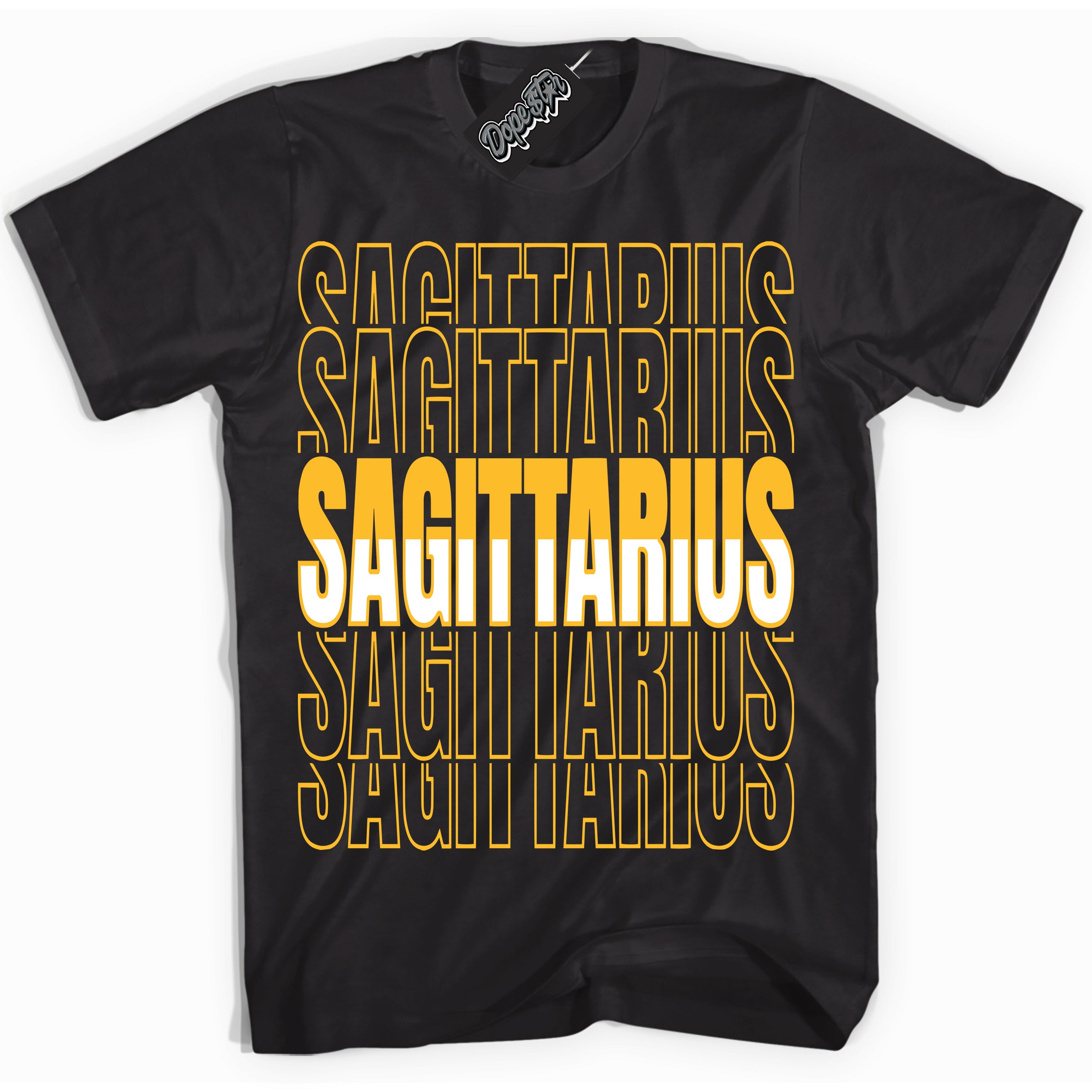 Cool Black Shirt with “ Sagittarius ” design that perfectly matches White University Gold Sneakers.