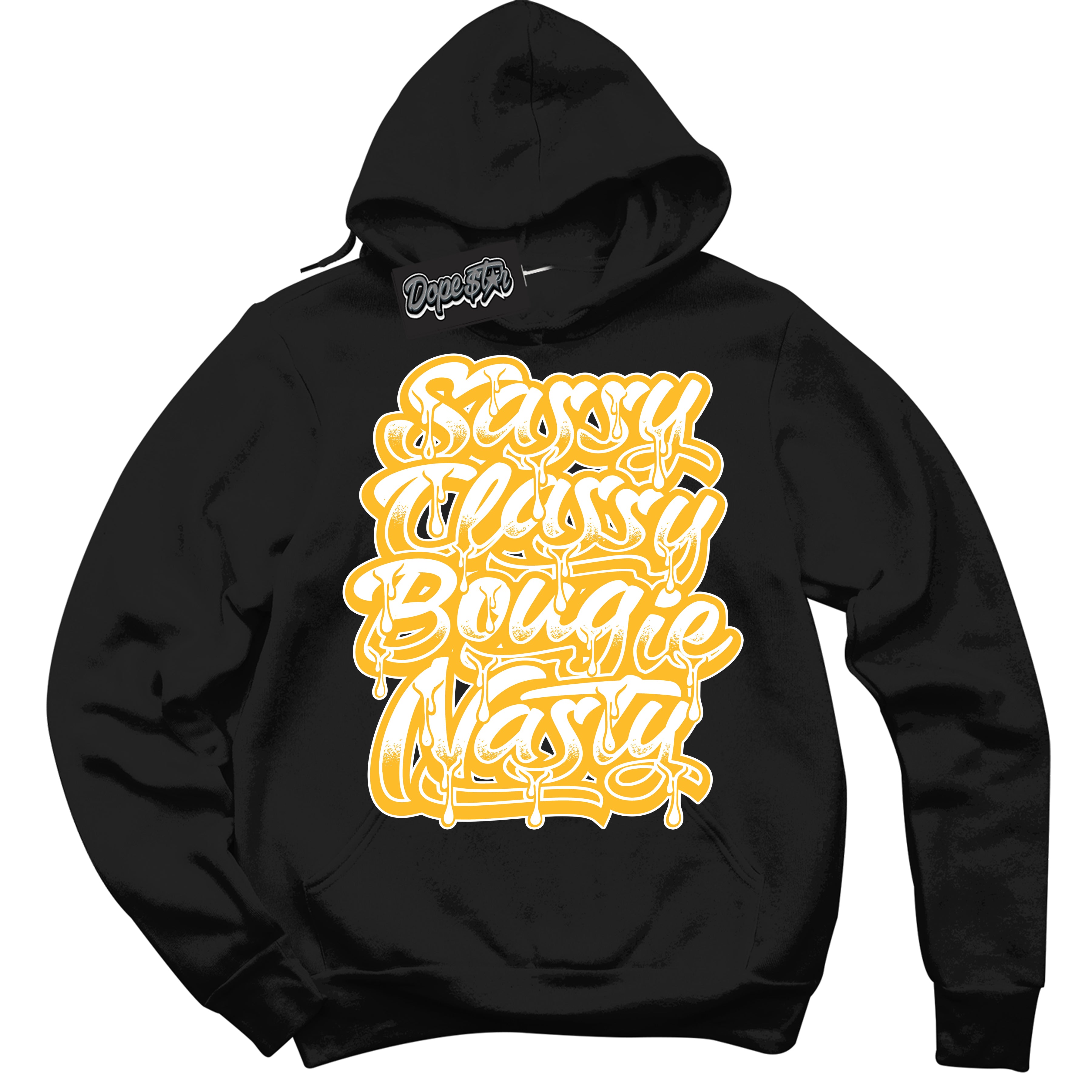 Cool Black Hoodie with “ Sassy Classy '' design that Perfectly Matches  White University Gold Sneakers.