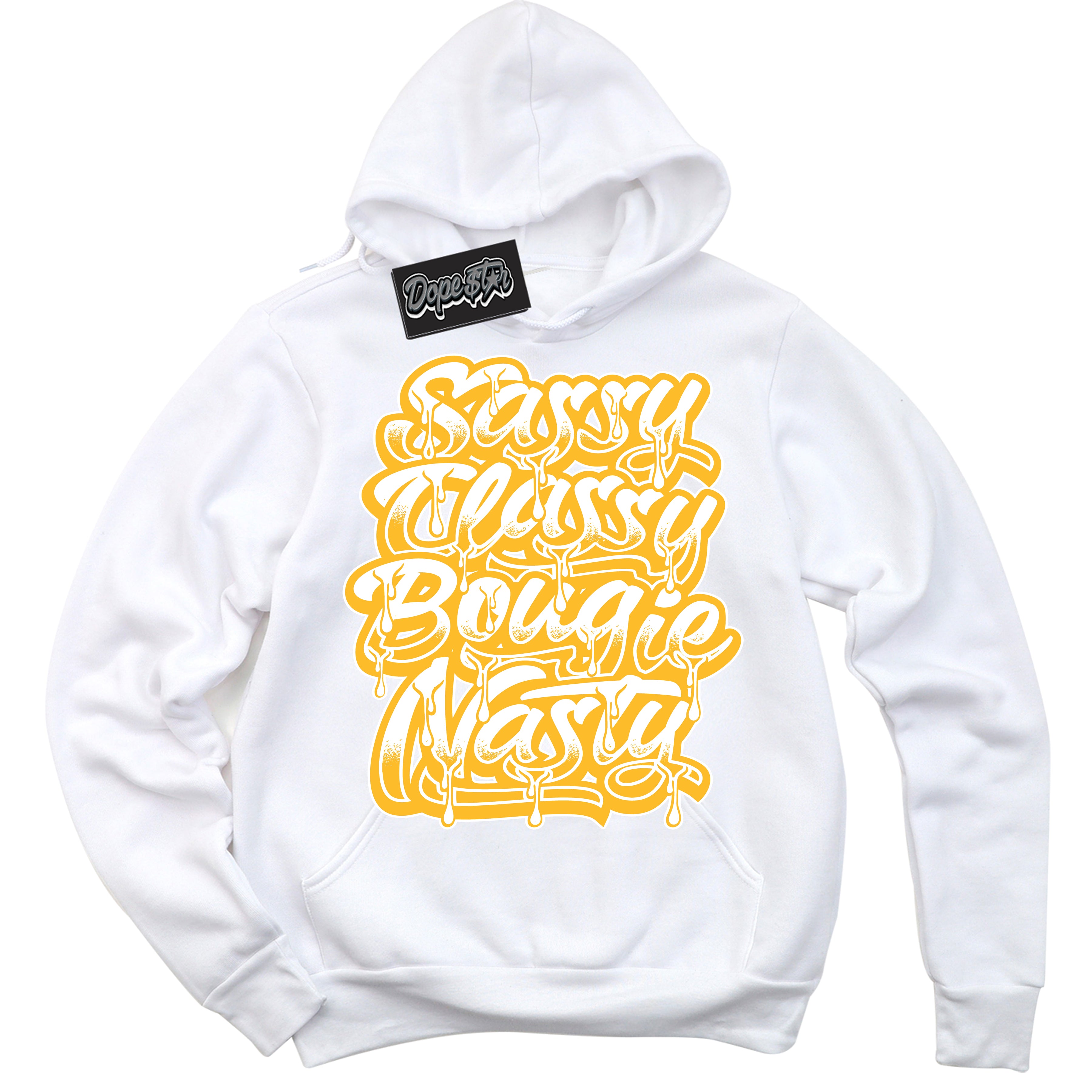 Cool White Hoodie with “ Sassy Classy '' design that Perfectly Matches  White University Gold Sneakers.