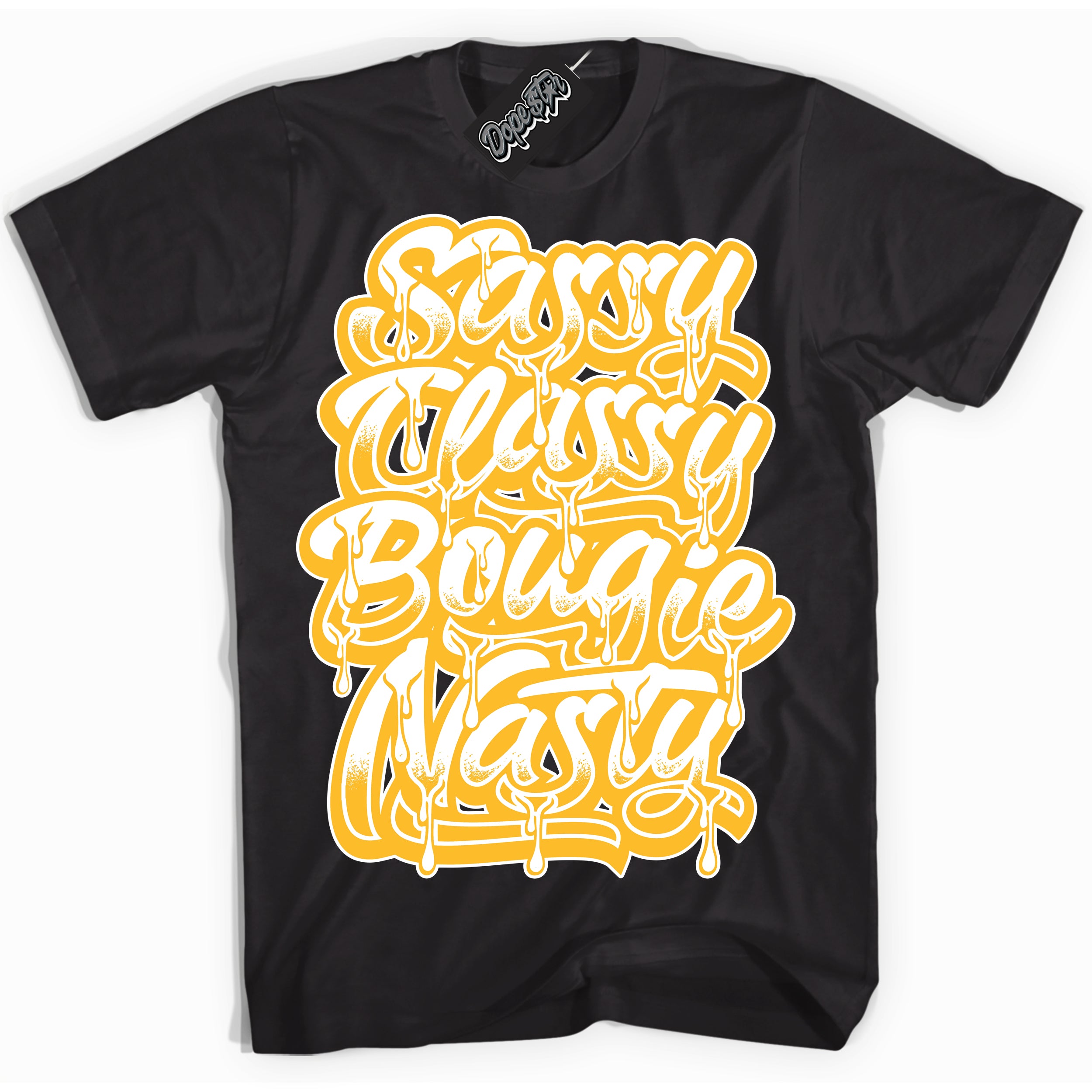 Cool Black Shirt with “ Sassy Classy ” design that perfectly matches White University Gold Sneakers.