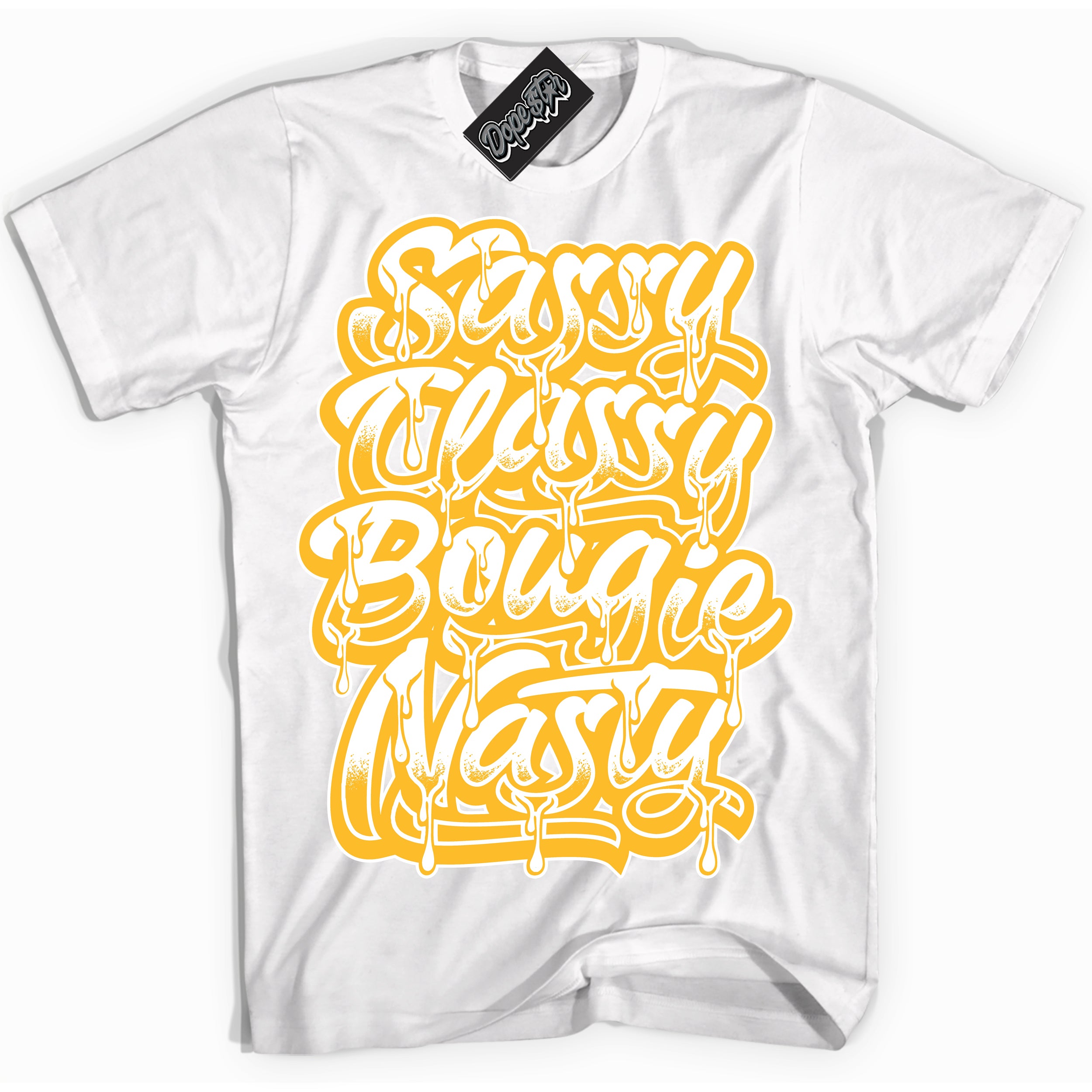 Cool White Shirt with “ Sassy Classy ” design that perfectly matches White University Gold Sneakers.