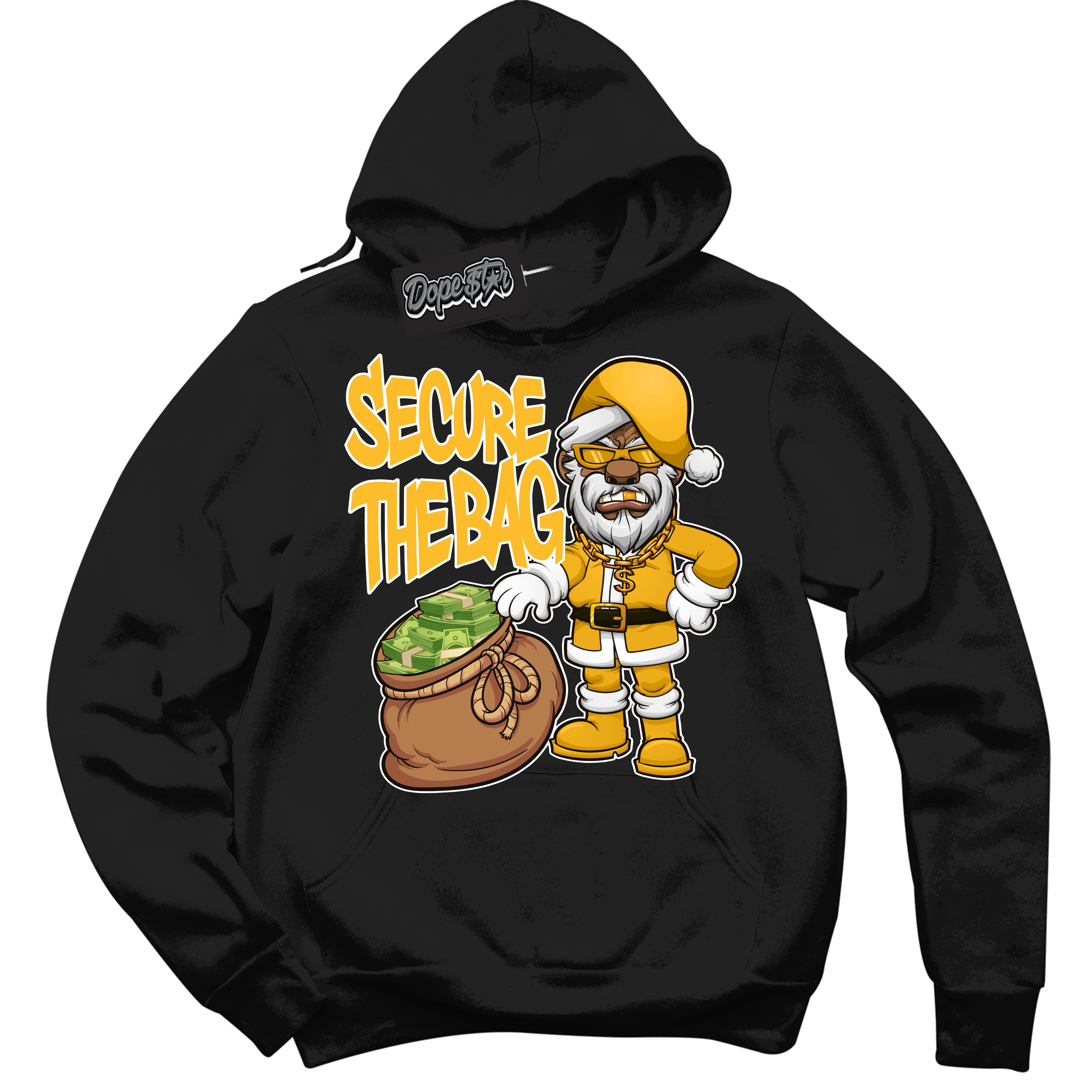 Cool Black Hoodie with “ Secure The Bag Santa '' design that Perfectly Matches  White University Gold Sneakers.