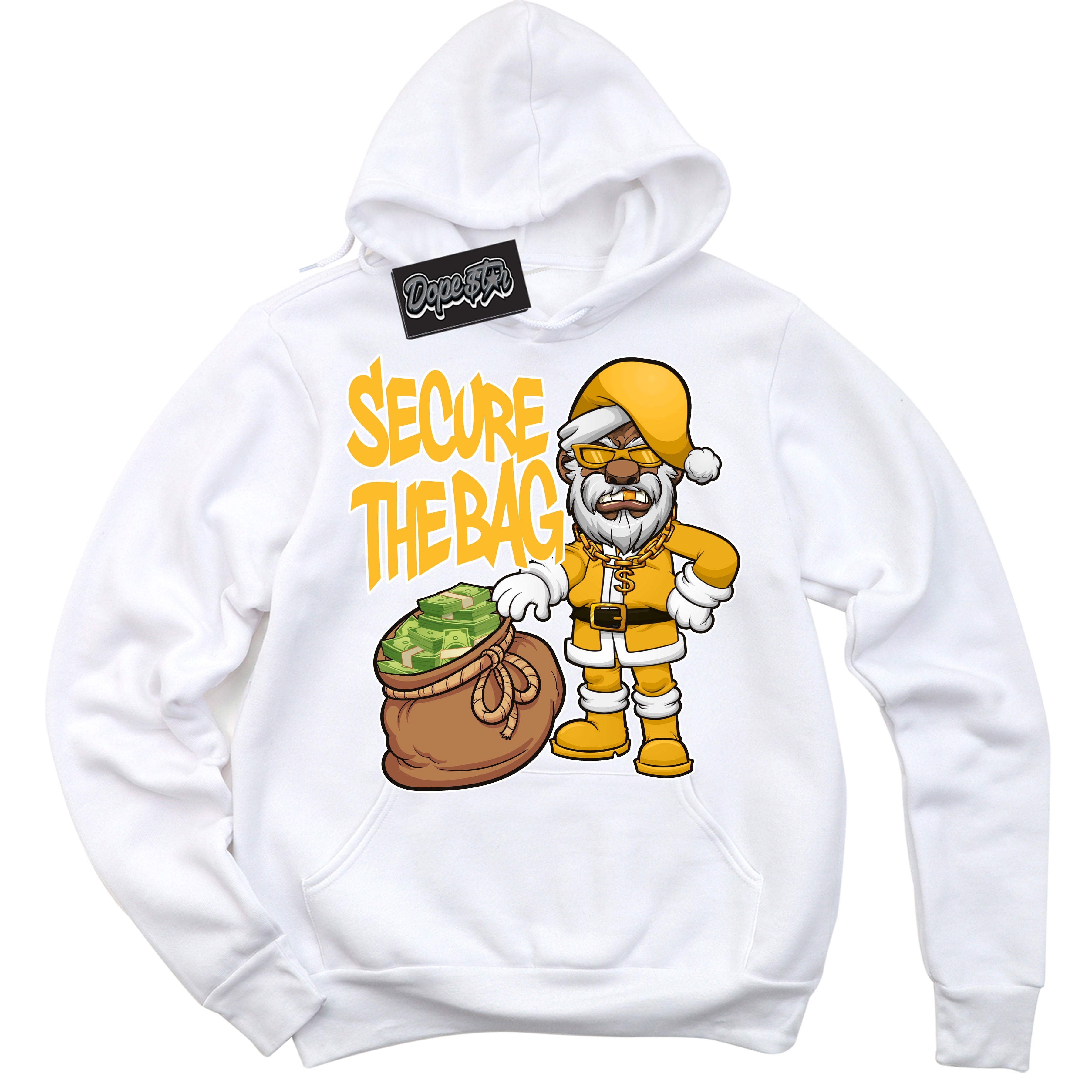 Cool White Hoodie with “ Secure The Bag Santa '' design that Perfectly Matches  White University Gold Sneakers.