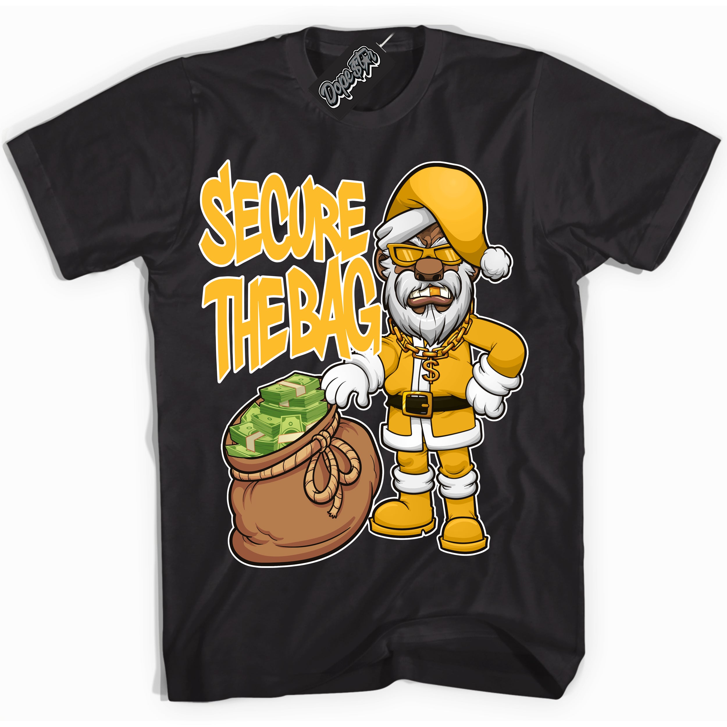 Cool Black Shirt with “ Secure The Bag Santa ” design that perfectly matches White University Gold Sneakers.