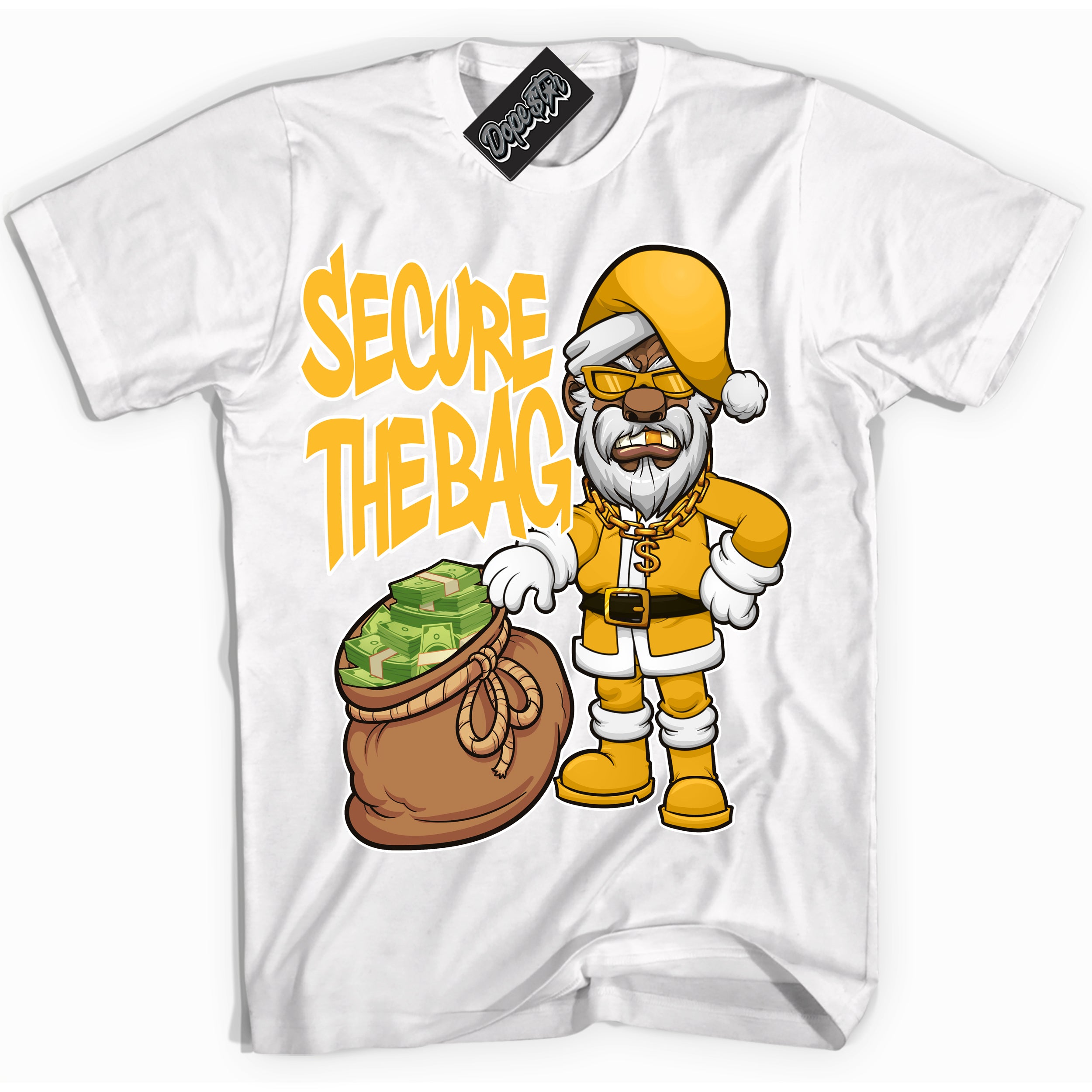 Cool White Shirt with “ Secure The Bag Santa ” design that perfectly matches White University Gold Sneakers.