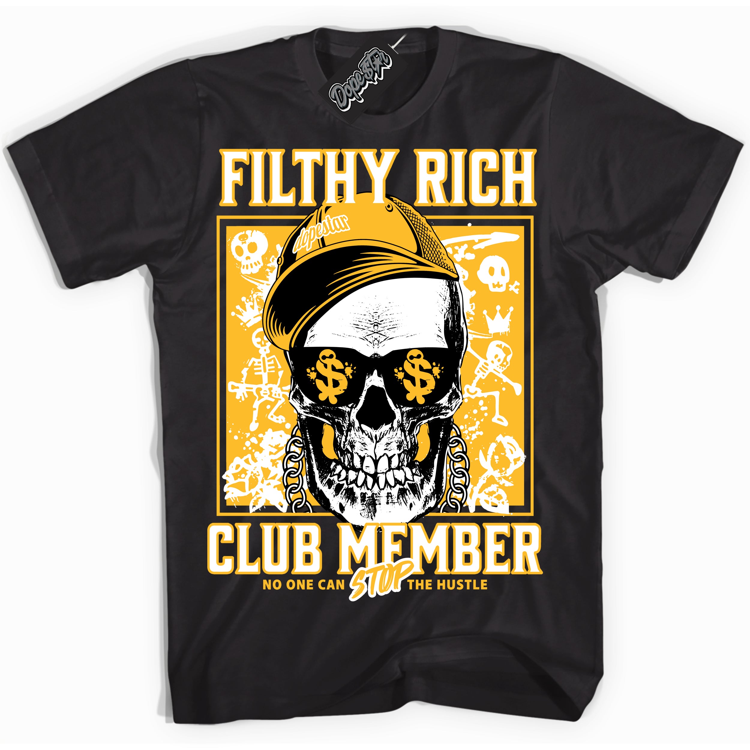 Cool Black Shirt with “ Filthy Rich” design that perfectly matches White University Gold Sneakers.