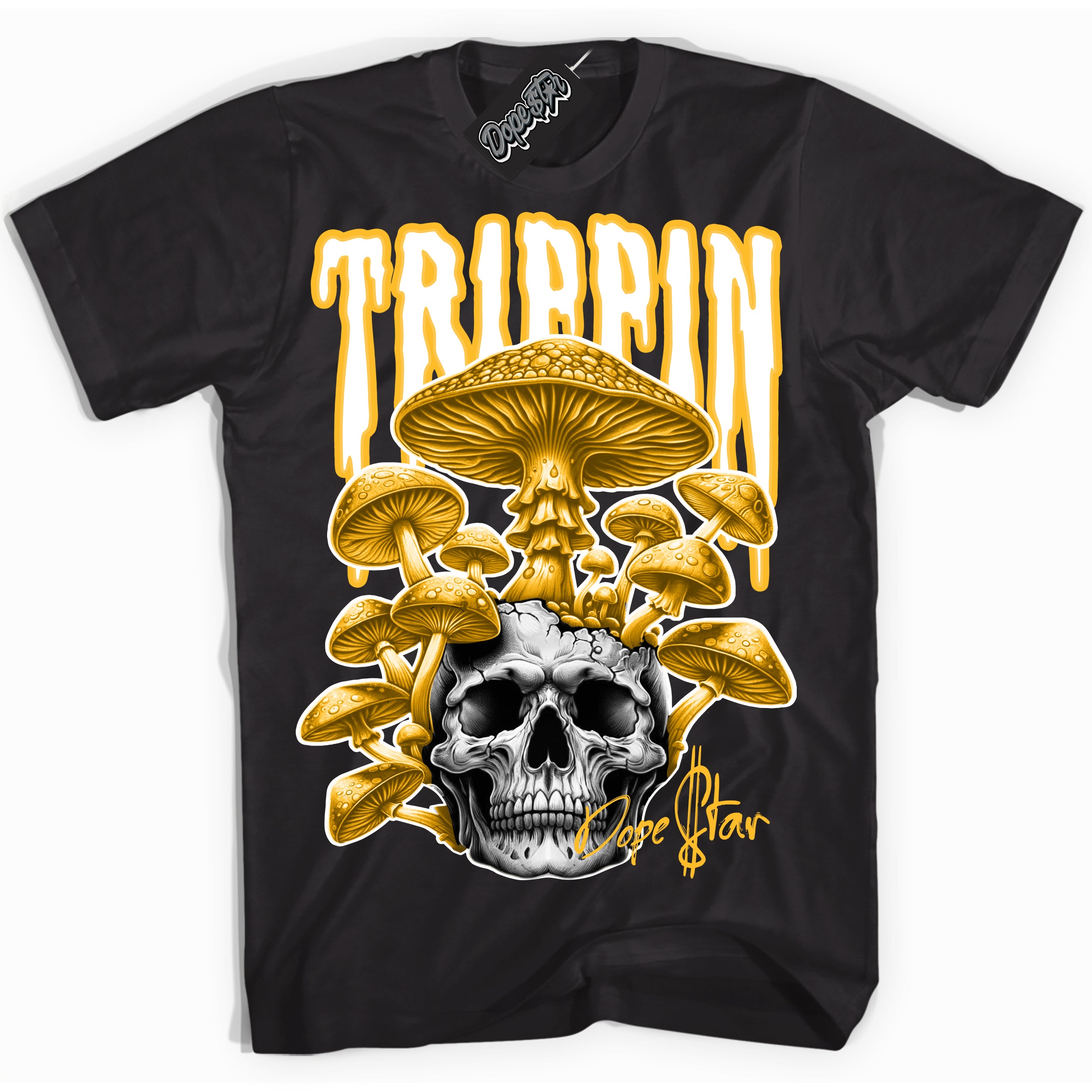 Cool Black Shirt with “Trippin” design that perfectly matches the White University Gold Dunk Sneakers.