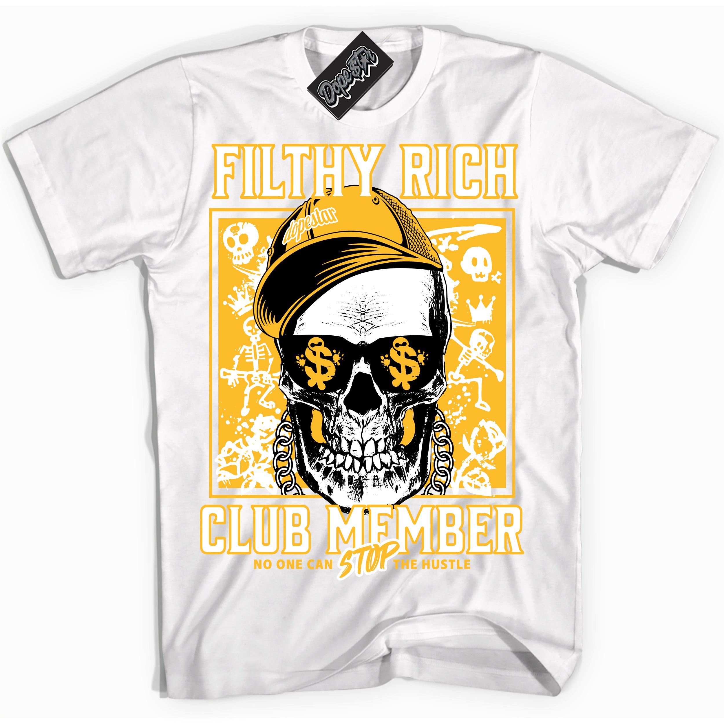 Cool White Shirt with “ Filthy Rich” design that perfectly matches White University Gold Sneakers.