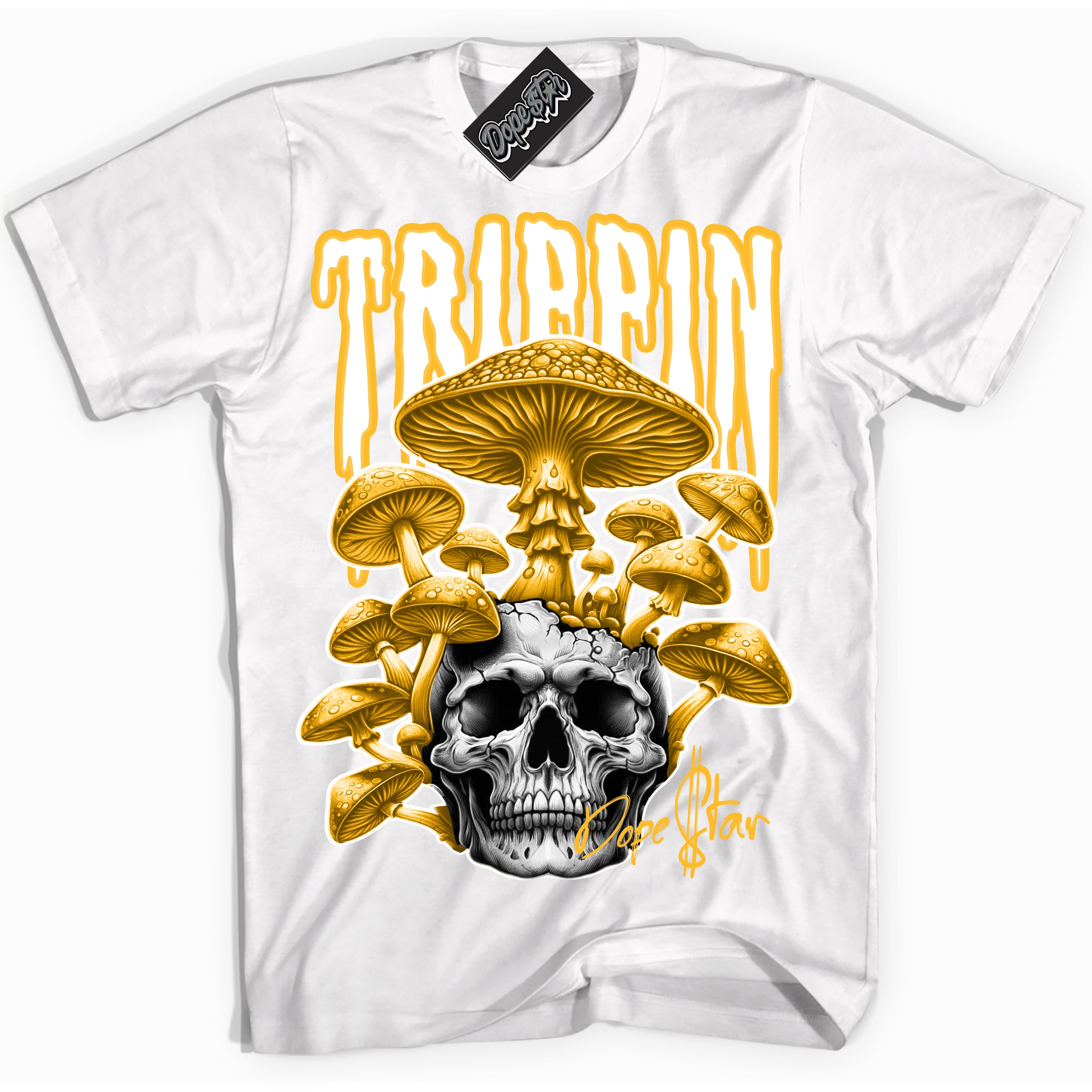 Cool White Shirt with “Trippin” design that perfectly matches the White University Gold Dunk Sneakers.