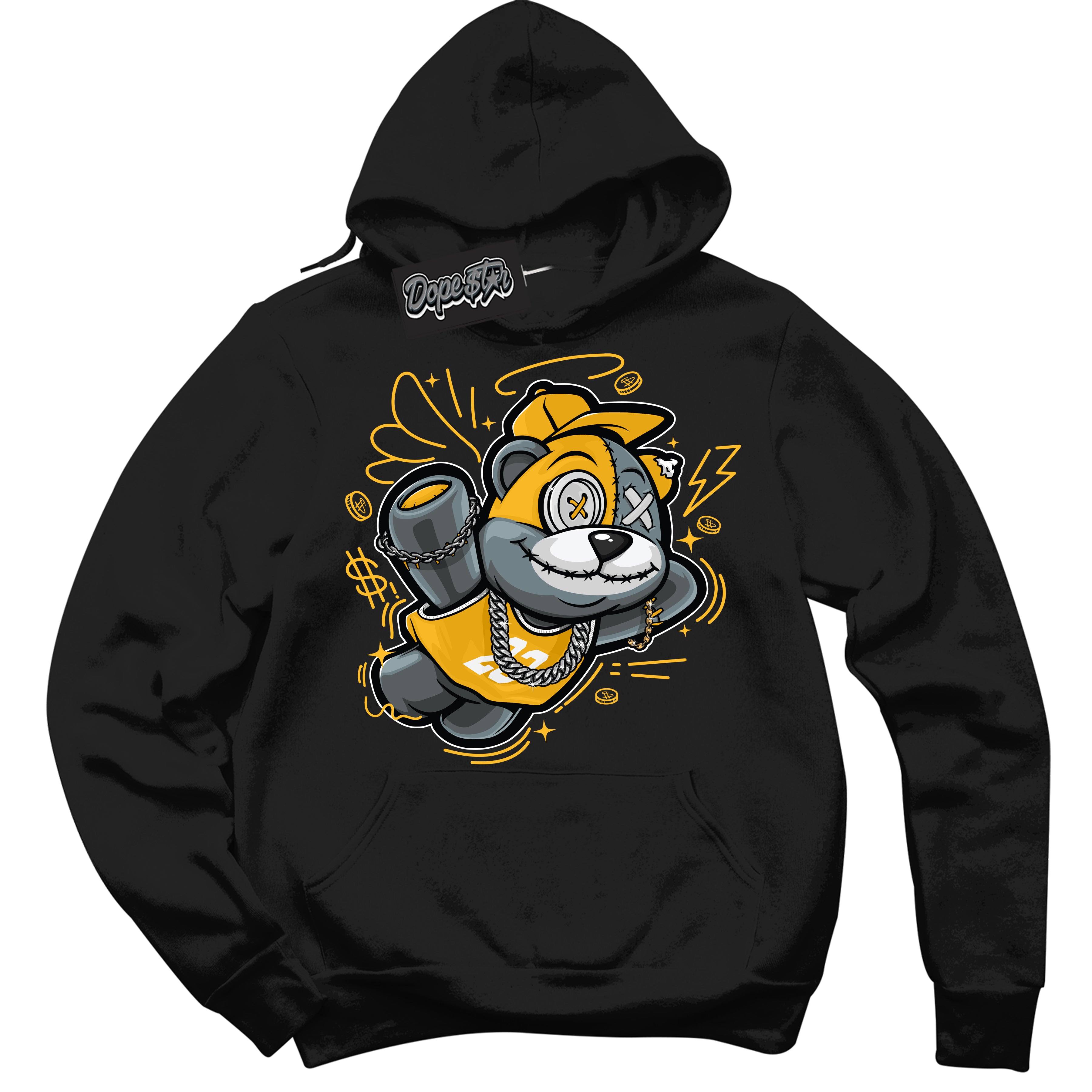 Cool Black Hoodie with “ Slam Dunk Bear '' design that Perfectly Matches  White University Gold Sneakers.