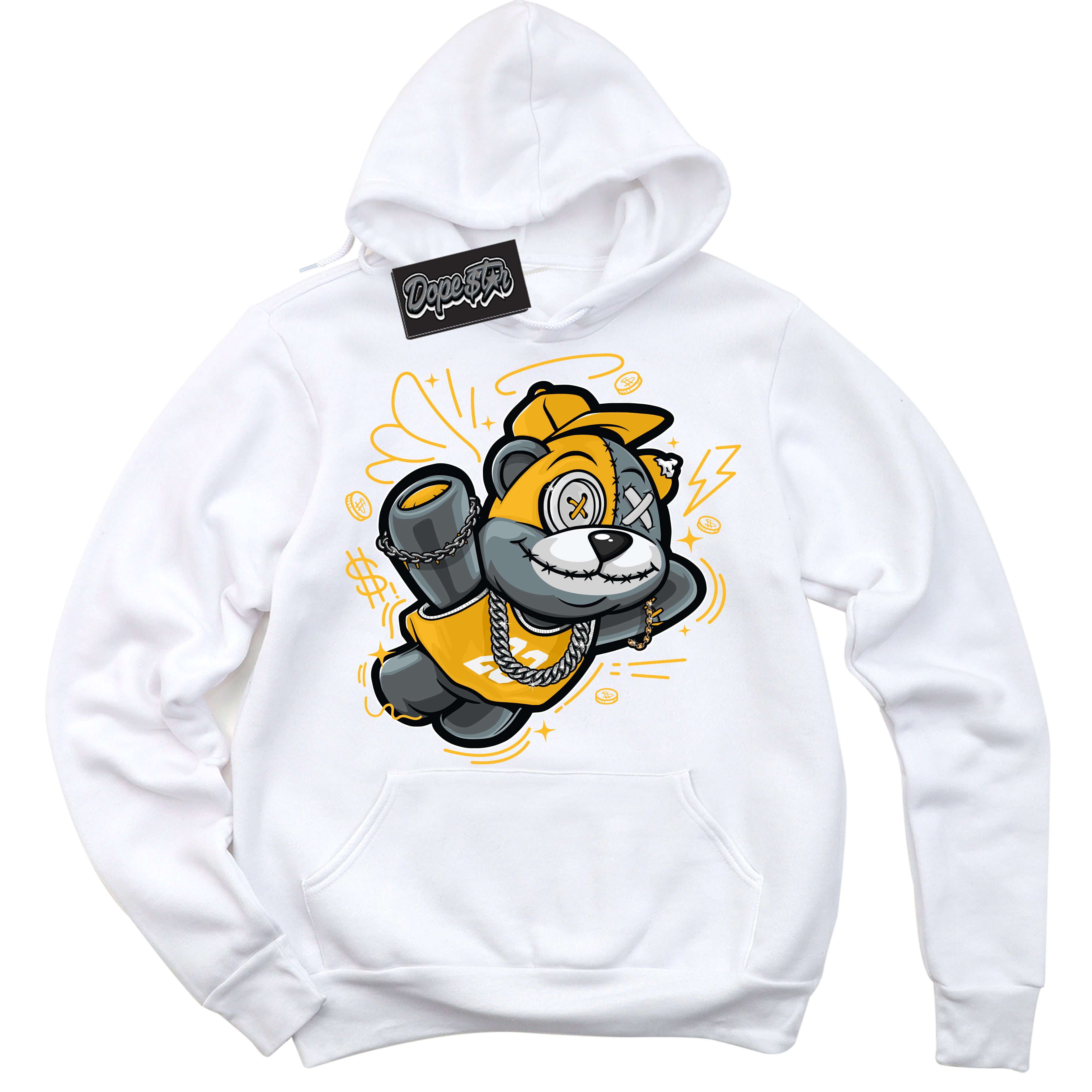 Cool White Hoodie with “ Slam Dunk Bear '' design that Perfectly Matches  White University Gold Sneakers.