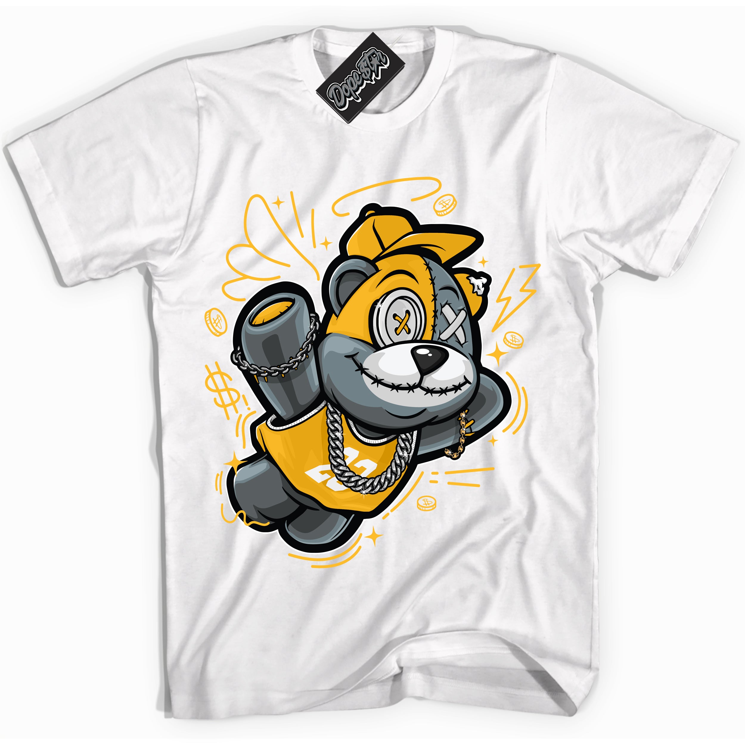 Cool White Shirt with “ Slam Dunk Bear ” design that perfectly matches White University Gold Sneakers.