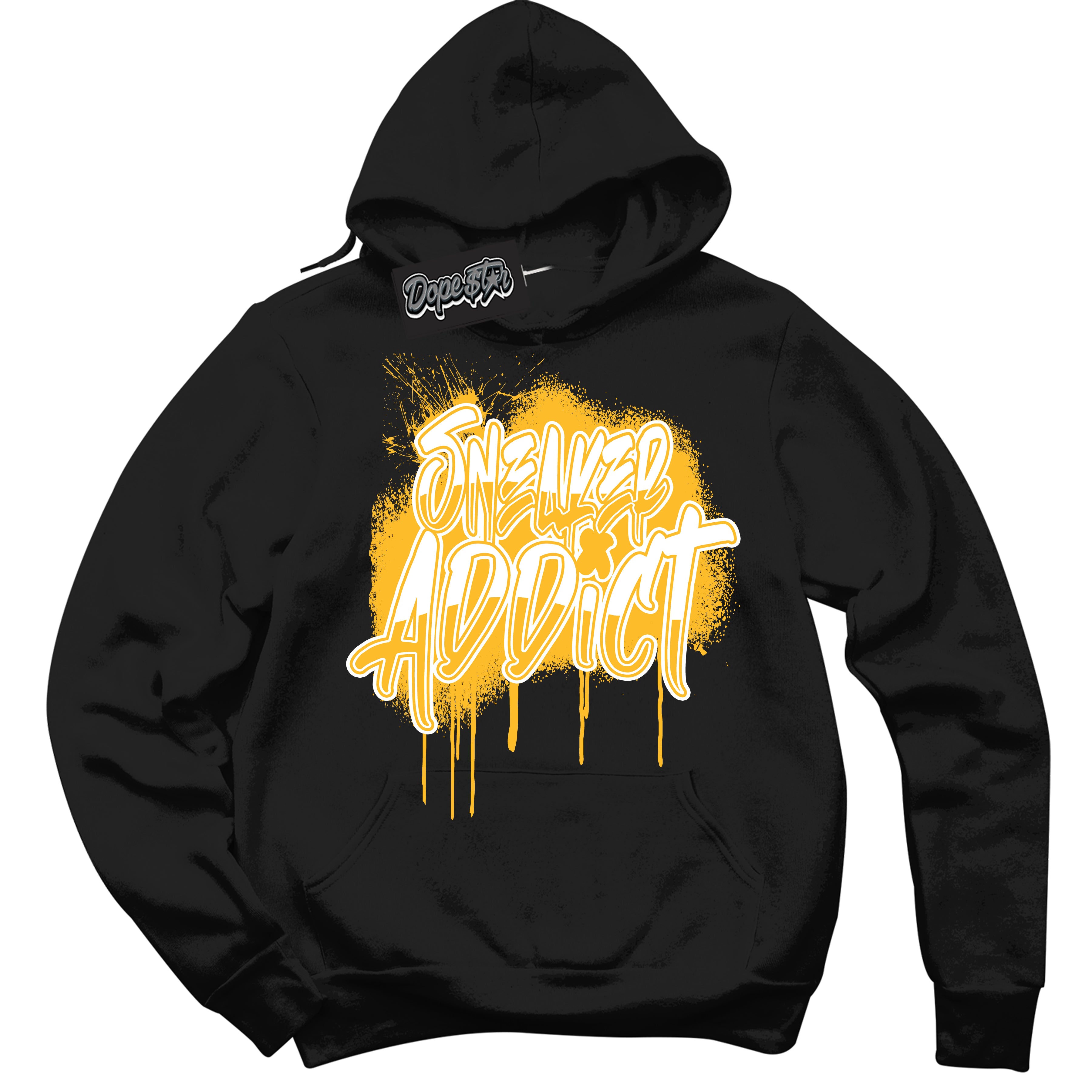 Cool Black Hoodie with “ Sneaker Addict '' design that Perfectly Matches  White University Gold Sneakers.