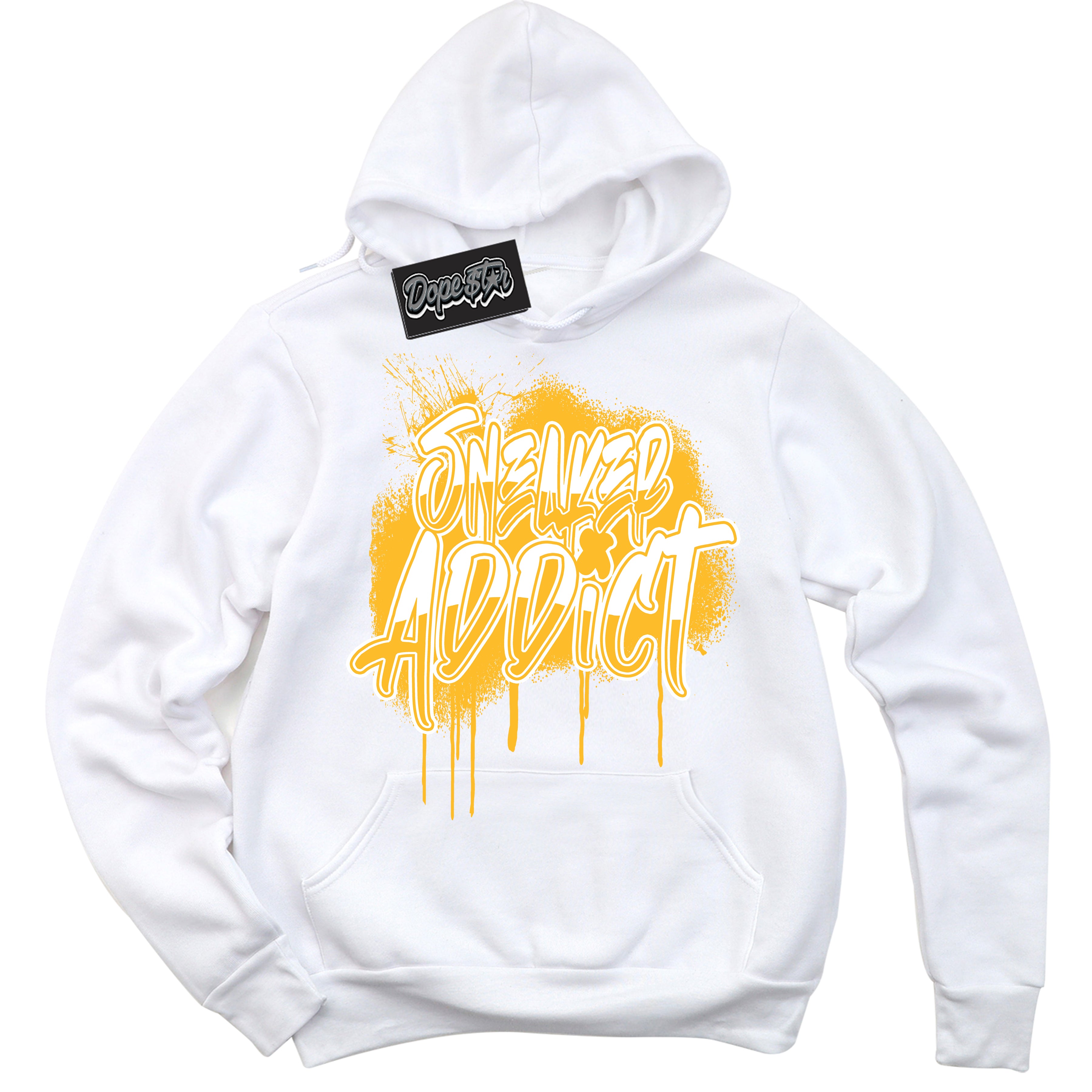 Cool White Hoodie with “ Sneaker Addict '' design that Perfectly Matches  White University Gold Sneakers.