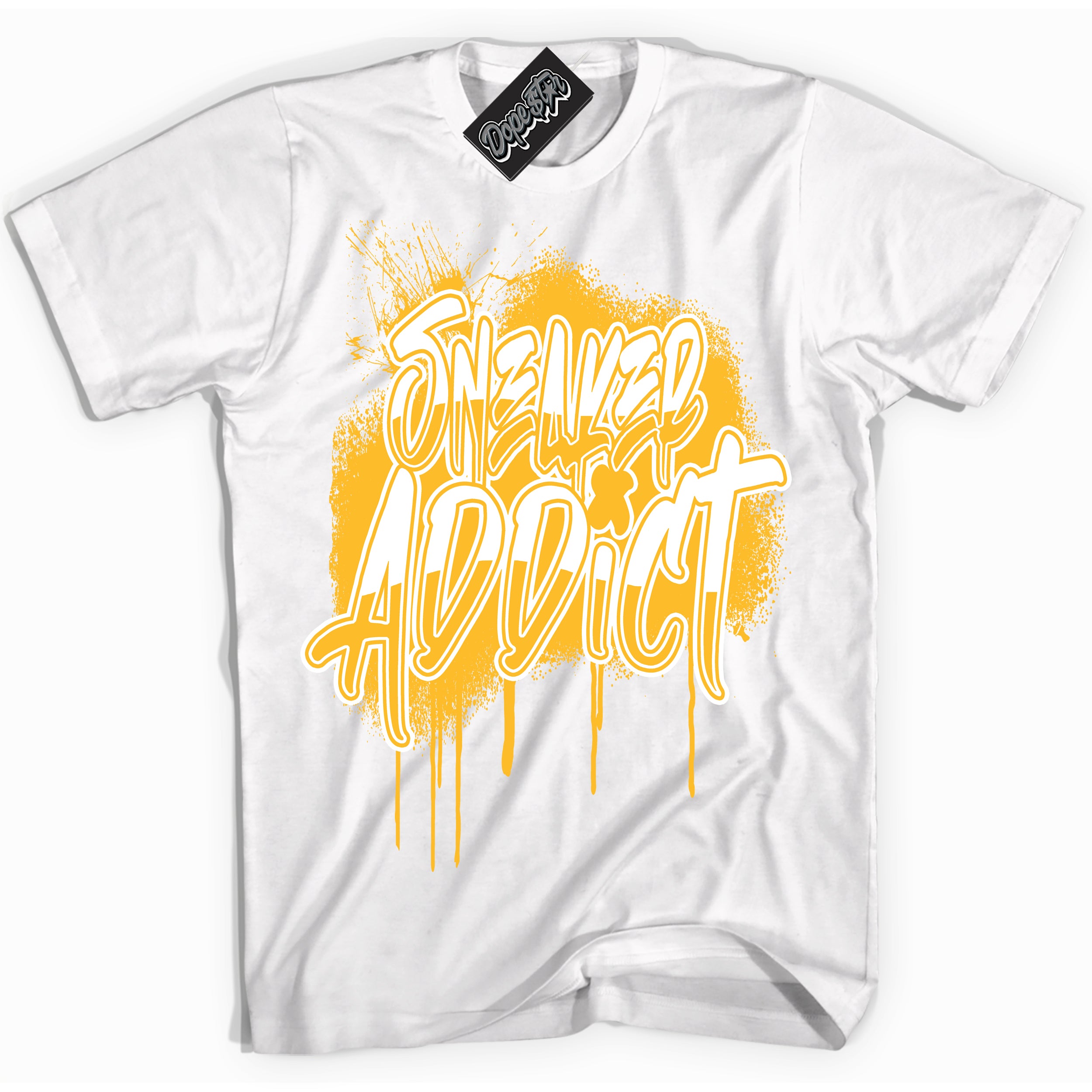 Cool White Shirt with “ Sneaker Addict ” design that perfectly matches White University Gold Sneakers.