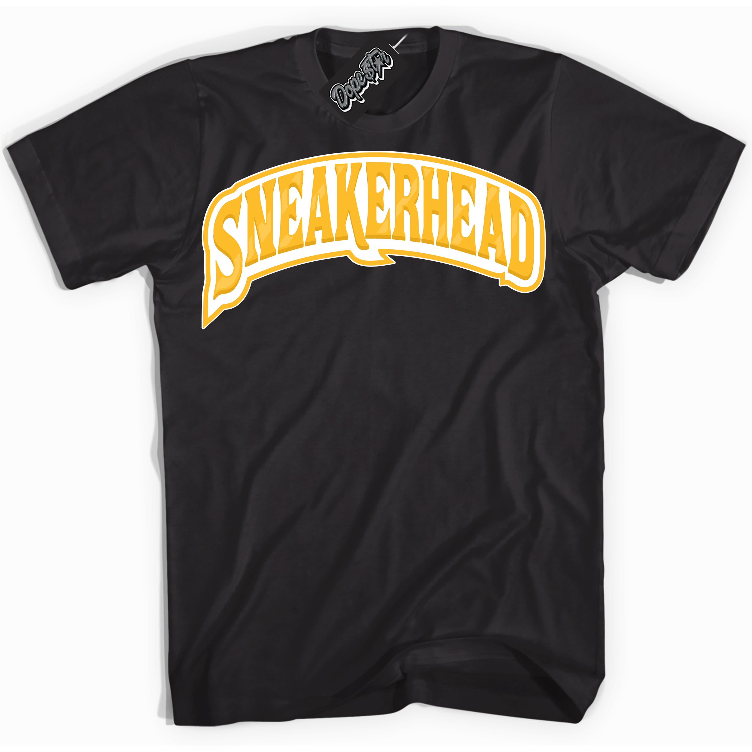 Cool Black Shirt with “ Sneakerhead ” design that perfectly matches White University Gold Sneakers.