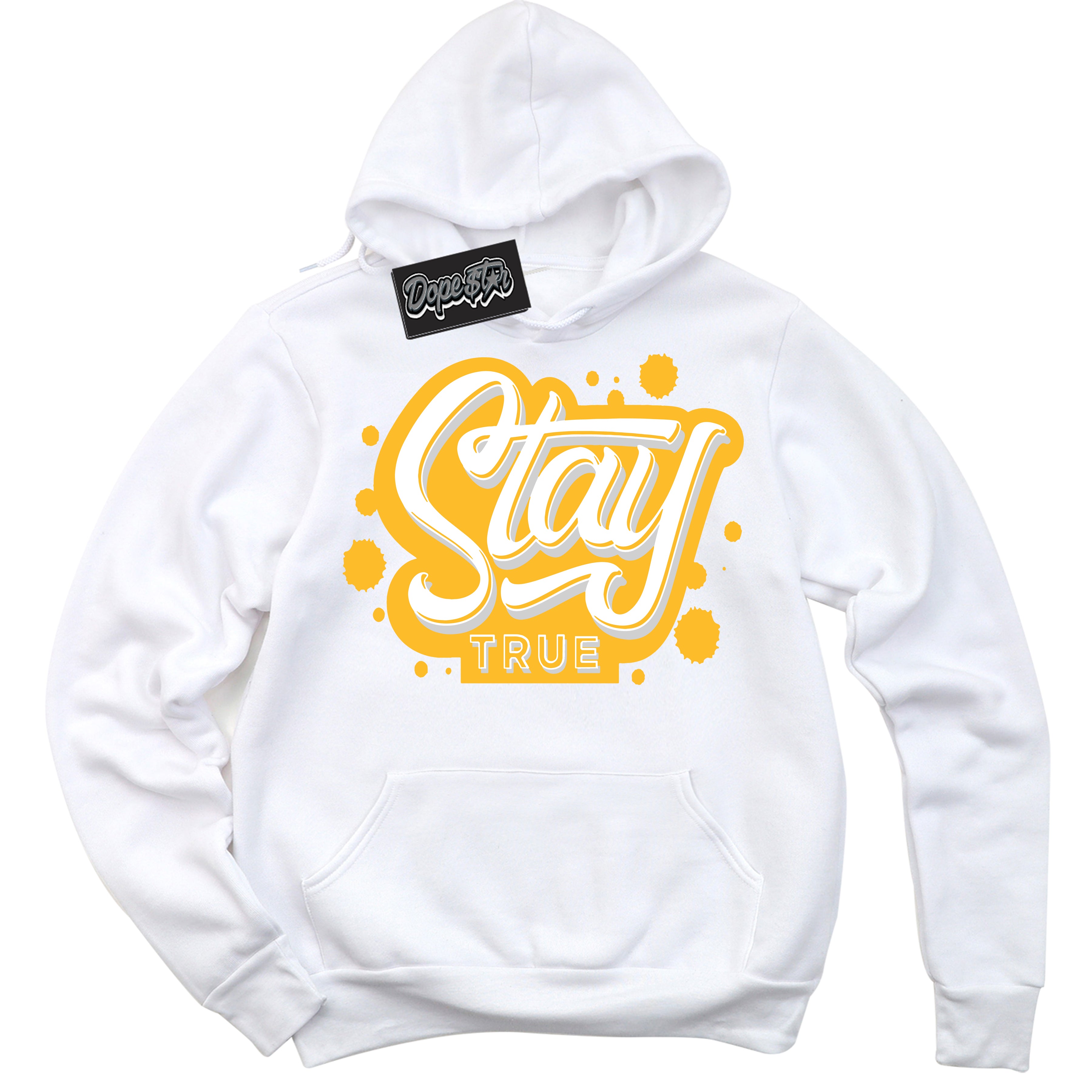 Cool White Hoodie with “ Stay True '' design that Perfectly Matches  White University Gold Sneakers.