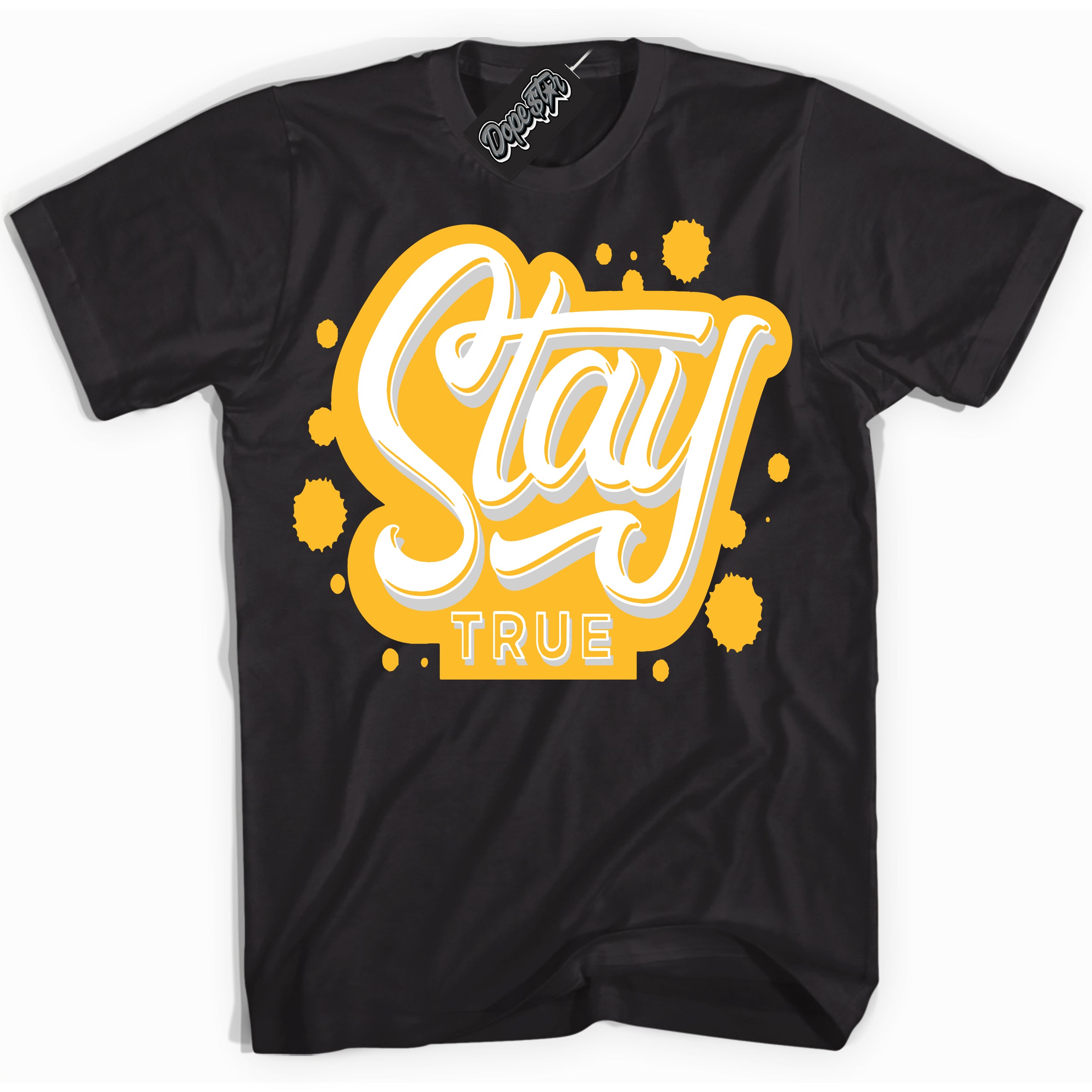 Cool Black Shirt with “ Stay True ” design that perfectly matches White University Gold Sneakers.