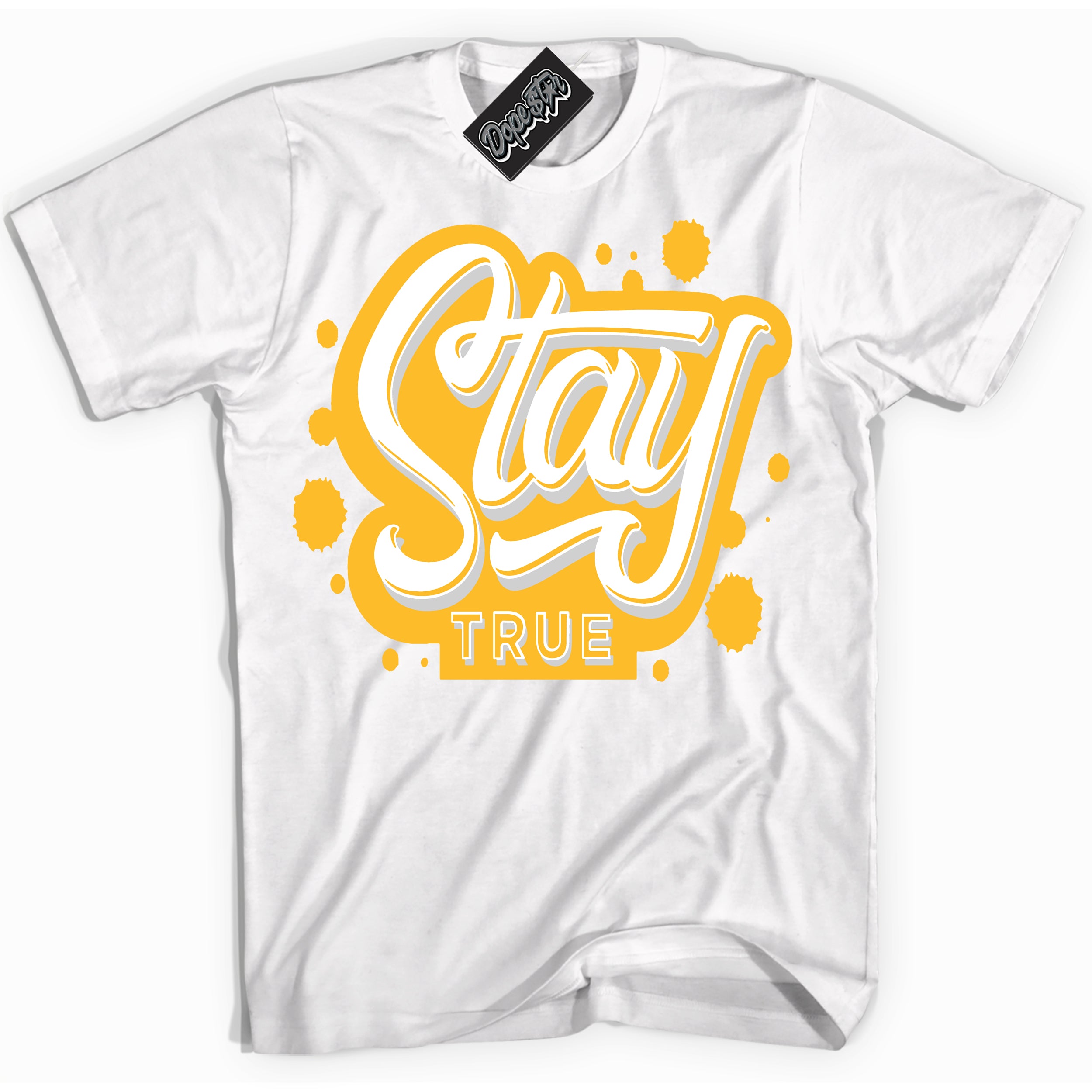 Cool White Shirt with “ Stay True ” design that perfectly matches White University Gold Sneakers.