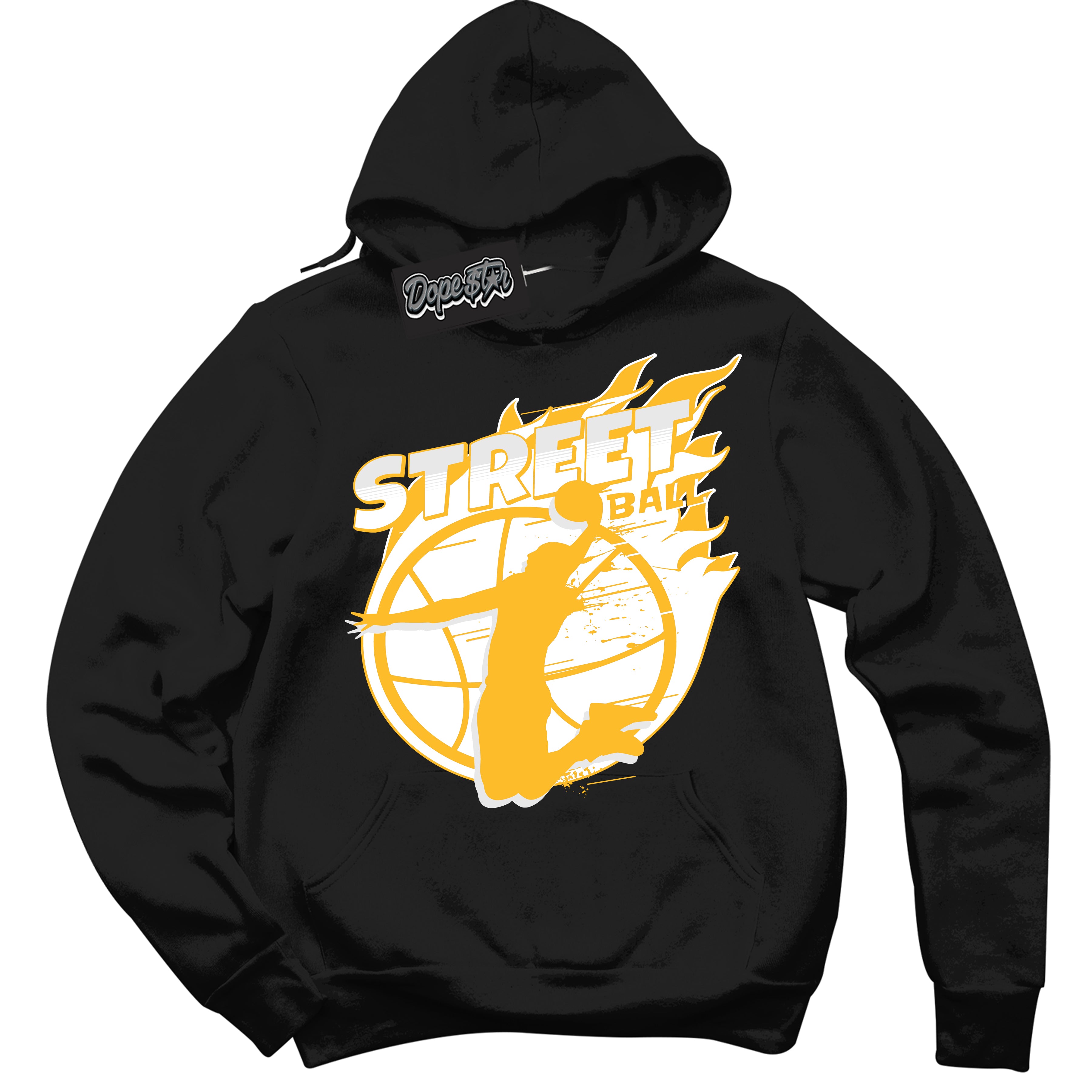 Cool Black Hoodie with “ Street Ball '' design that Perfectly Matches  White University Gold Sneakers.