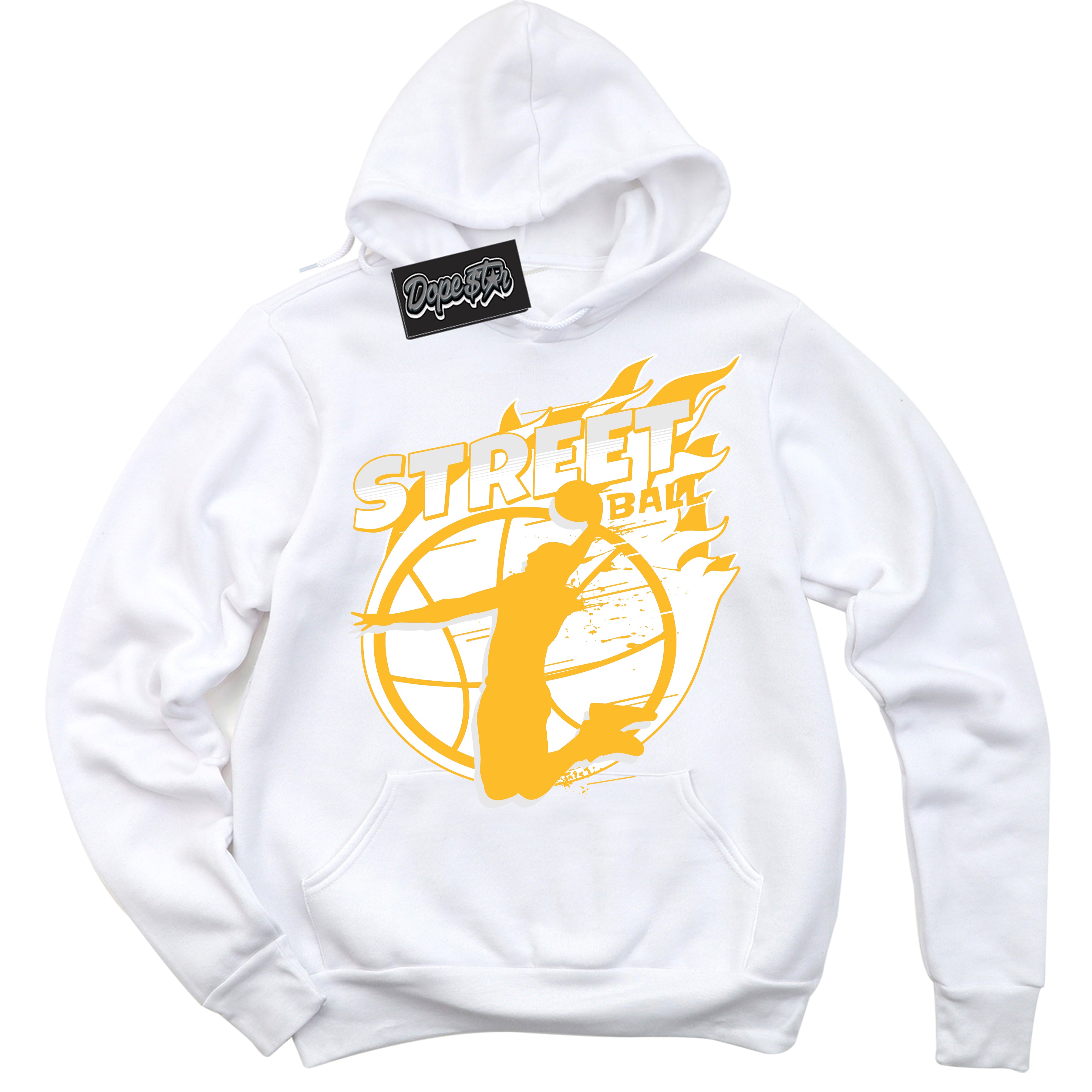 Cool White Hoodie with “ Street Ball '' design that Perfectly Matches  White University Gold Sneakers.