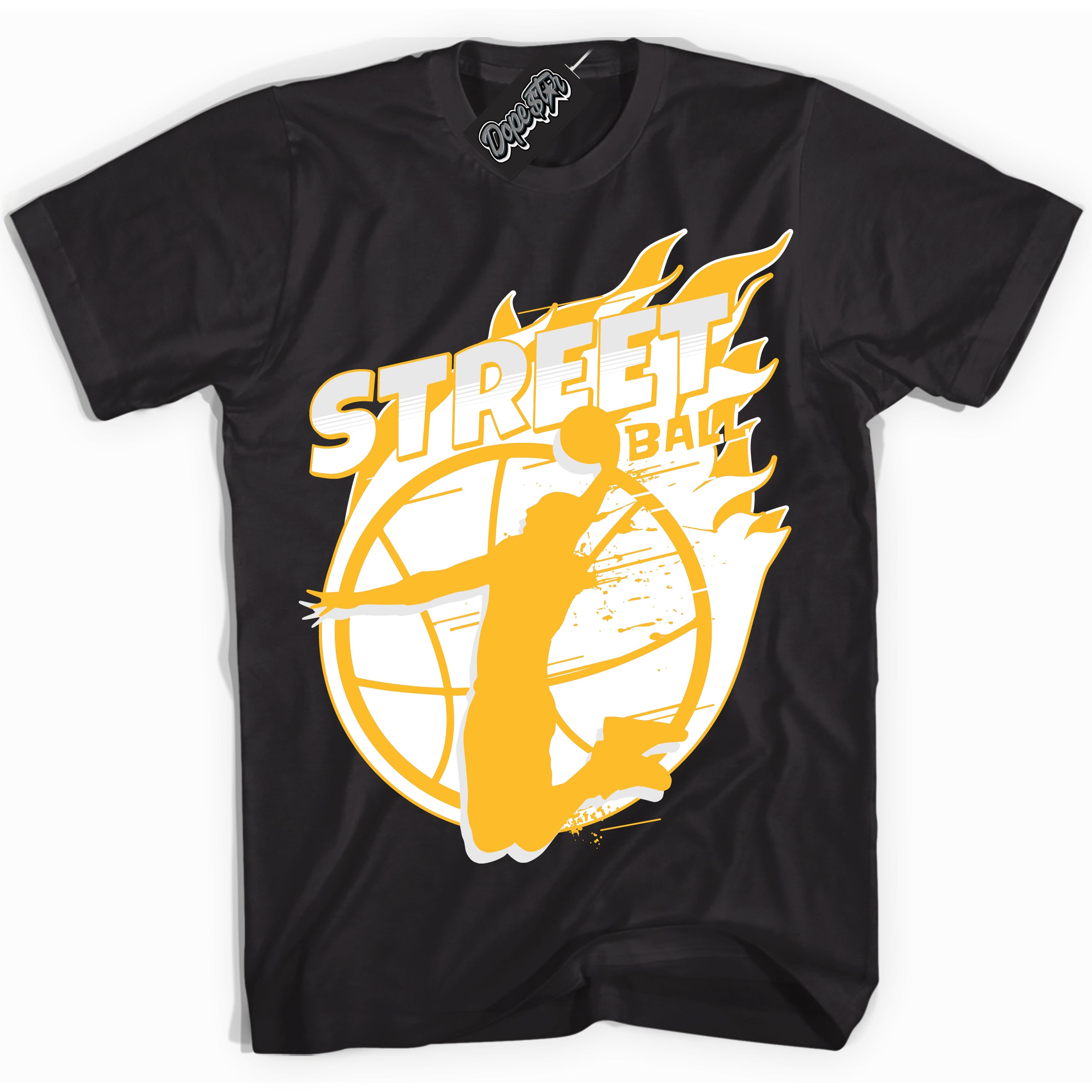 Cool Black Shirt with “ Street Ball ” design that perfectly matches White University Gold Sneakers.